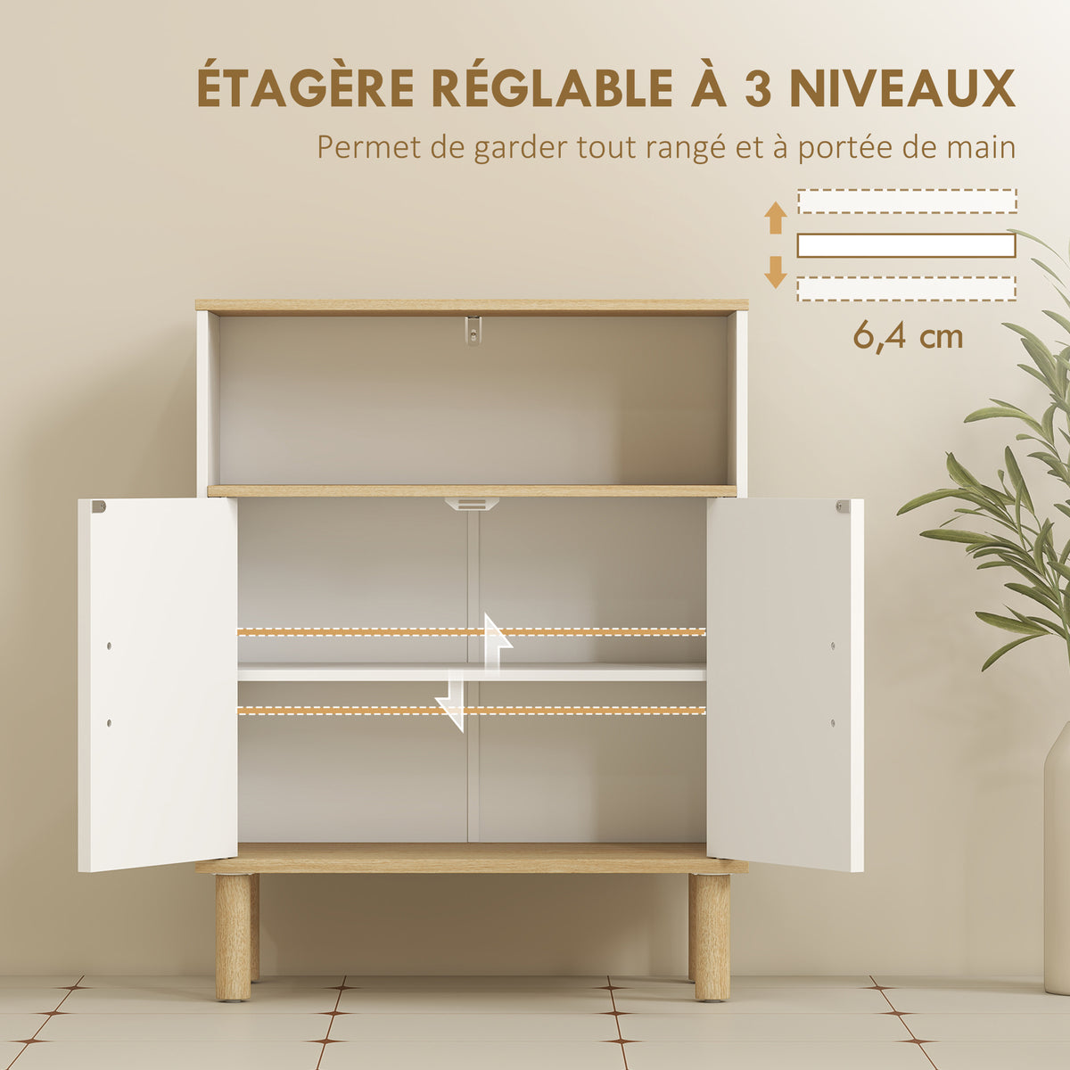Mueble de baño, mueble de almacenaje con 2 puertas, compartimento abierto, estante ajustable, 60x29,5x76,5 cm, blanco