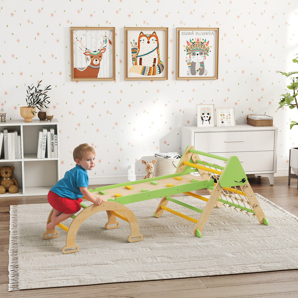 Triangle d'escalade enfants 8 en 1 avec rampe double face, arc d'escalade en bois avec toboggan & échelle, vert