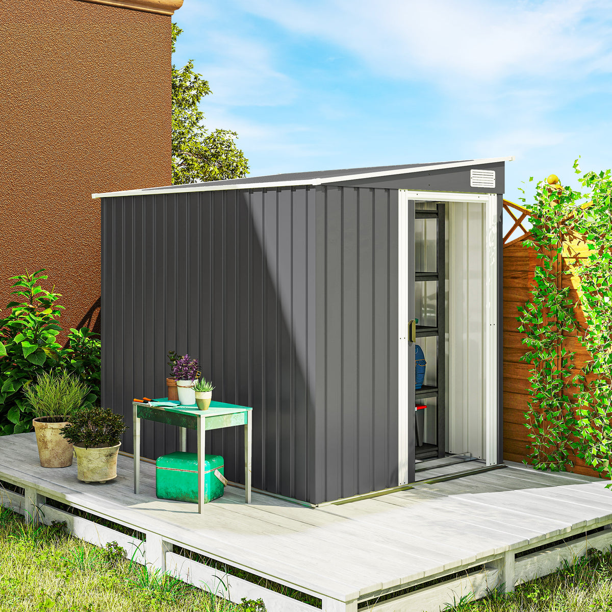 Abri de jardin 2,81 m² avec fondation, abri à outils extérieur adossé en acier galvanisé, 154x206,5x181cm, gris foncé