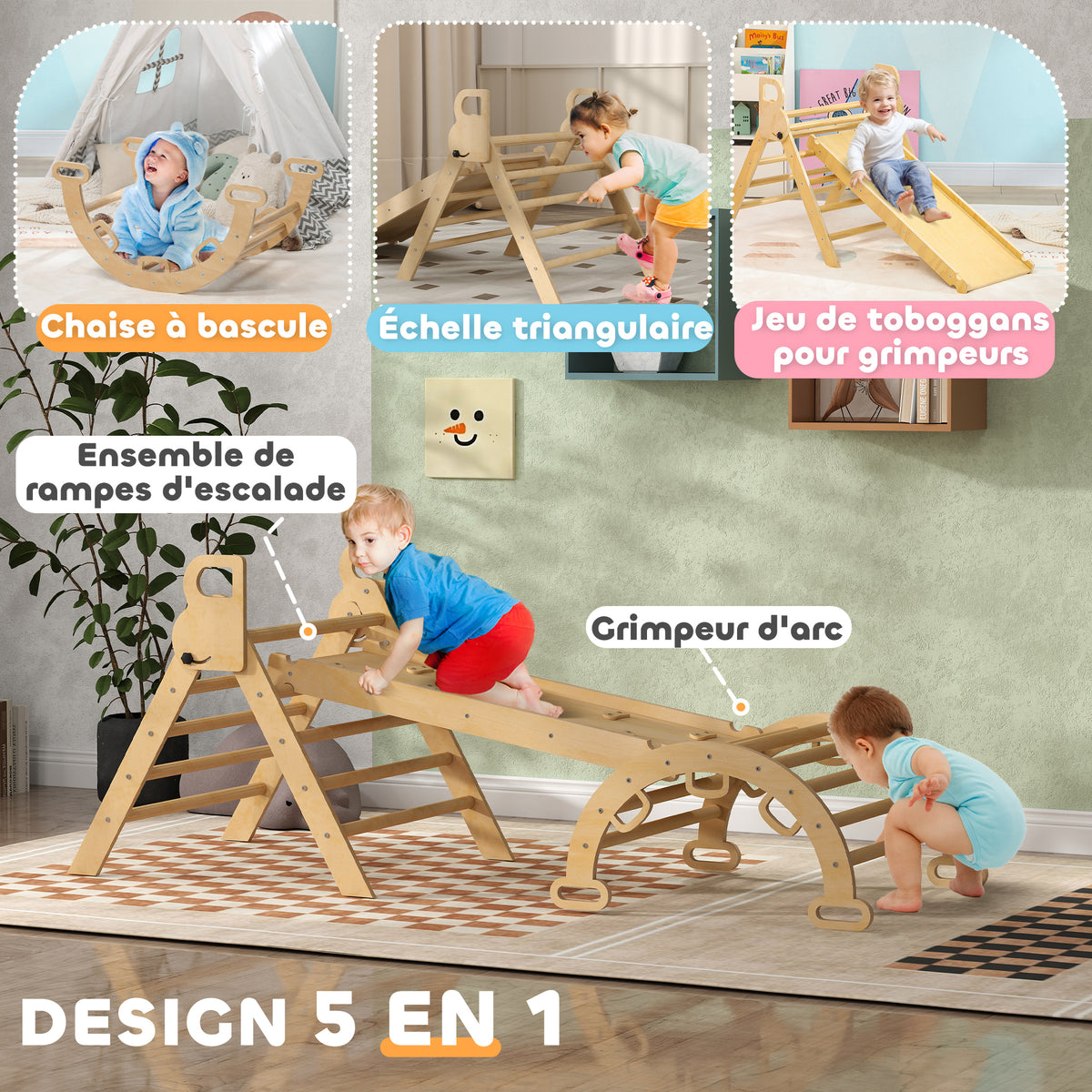 5-in-1 driehoeksklimrek voor kinderen met klimdriehoek, omkeerbare klimhelling, wip