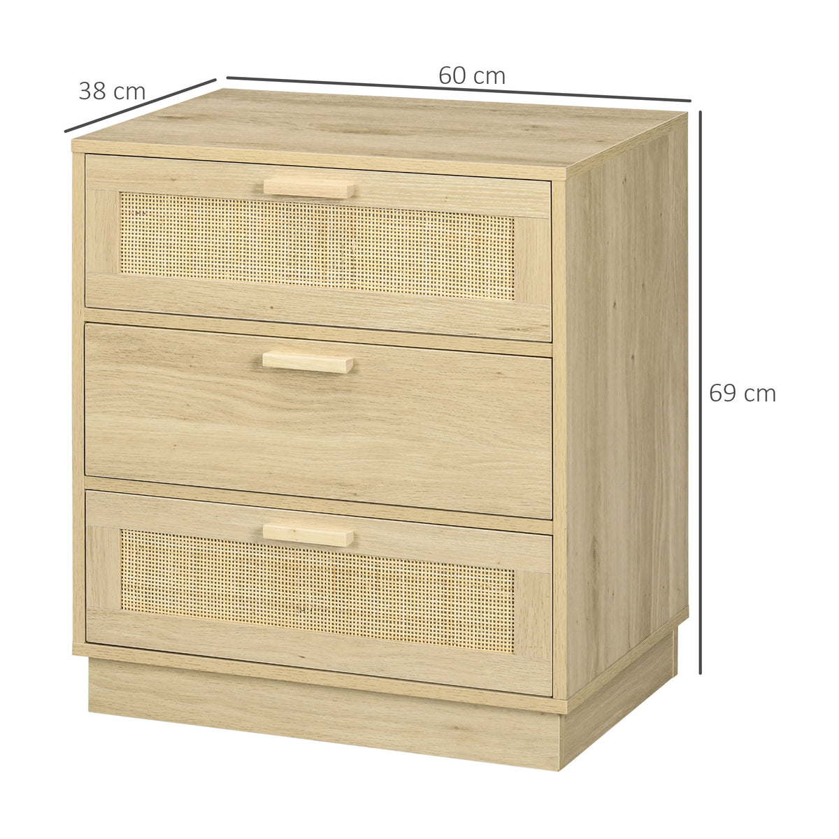Commode design bohème en rotin avec 3 tiroirs, meuble de rangement pour le salon, le couloir, l'entrée, bois naturel