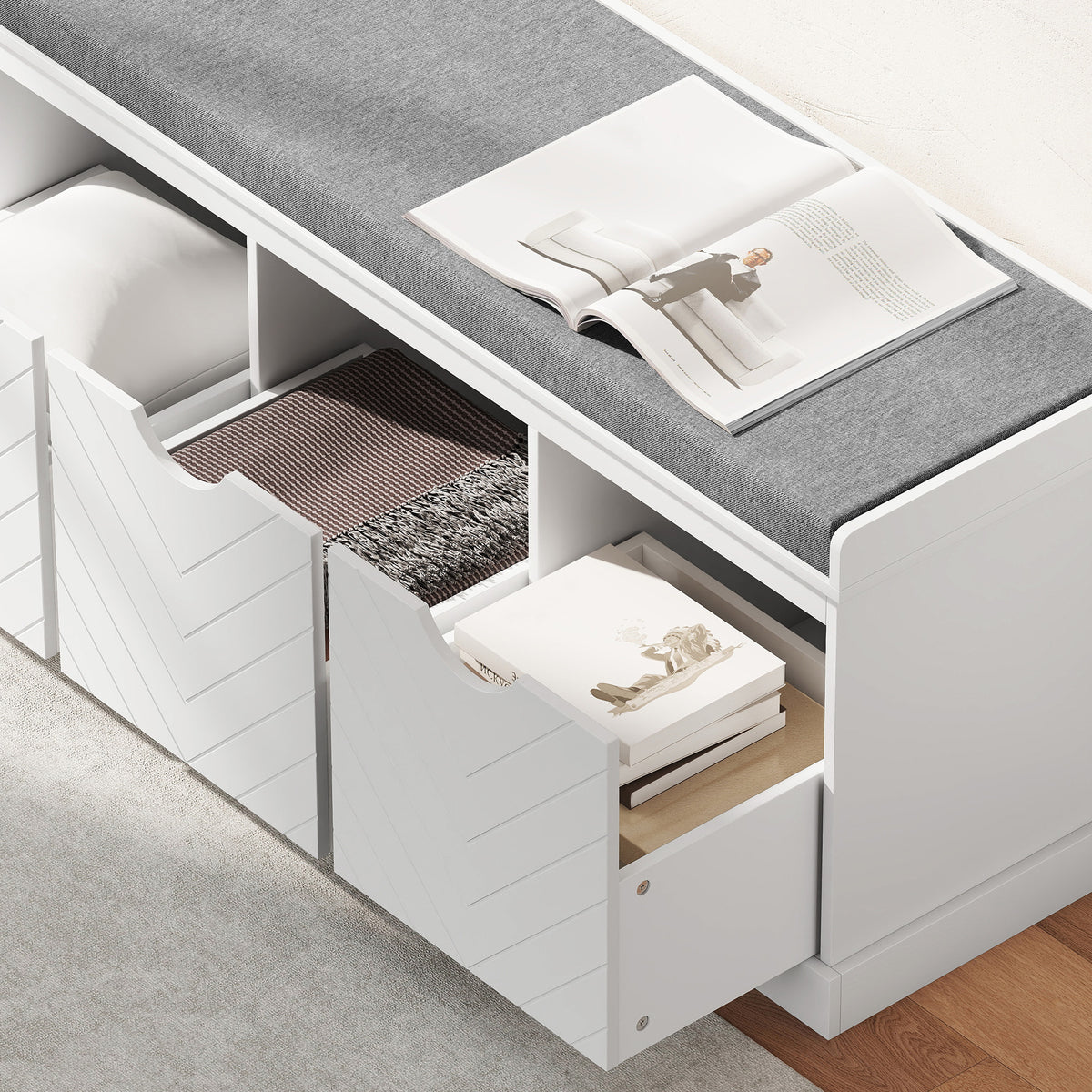Banc chaussures entrée, banc de rangement avec 3 tiroirs amovibles et coussin rembourré en tissu aspect lin, blanc