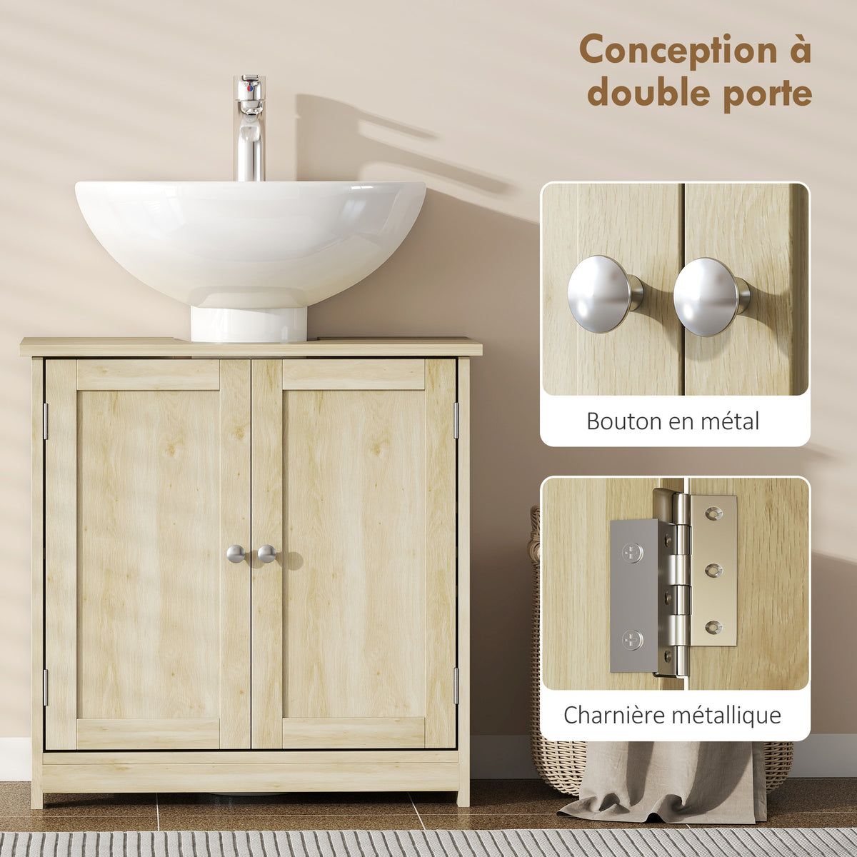 Meuble Salle de Bain sous Lavabo, Meuble sous-Vasque, Placard 2 Portes avec Étagère, 60x30x60cm, Chêne