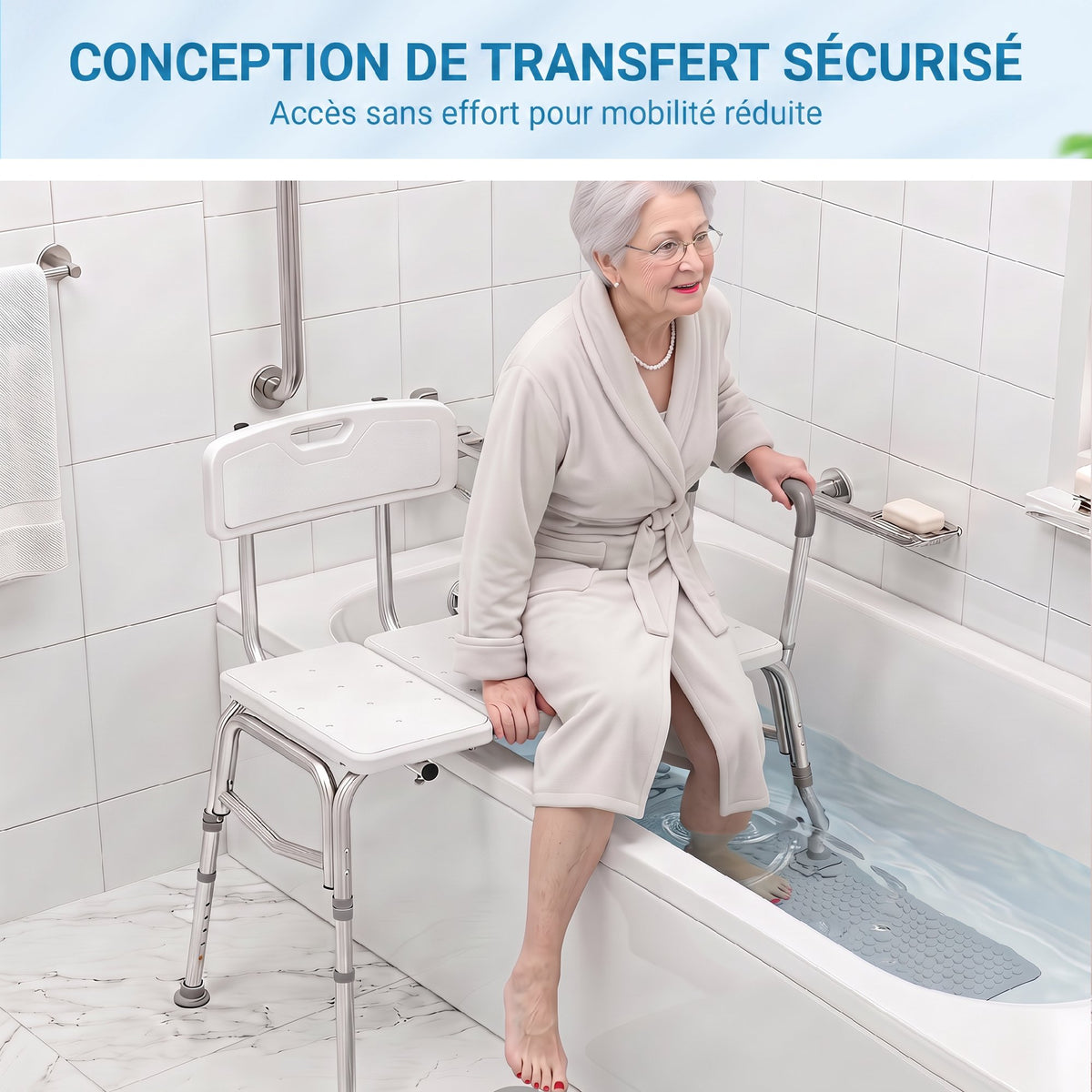 Banco de Transferencia para Bañera, Altura Ajustable en 10 Niveles, Asiento Ancho, Respaldo, Apoyabrazos, 86x60x89-101cm, Blanco