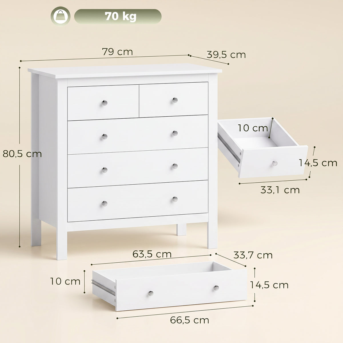 Commode à 5 tiroirs, meuble de rangement, avec poignées, glissières métalliques,  en bois, 79l x 39,5P x 80,5H cm, blanc