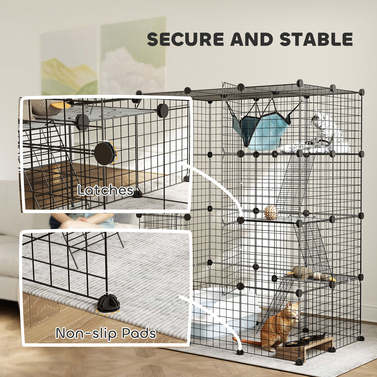 Indoor-Katzenkäfig, 4-stöckiger DIY-Katzenlaufstall aus Stahl mit 5 Türen und Hängematte, für 1-3 Katzen, 105 x 70 x 140 cm, Schwarz