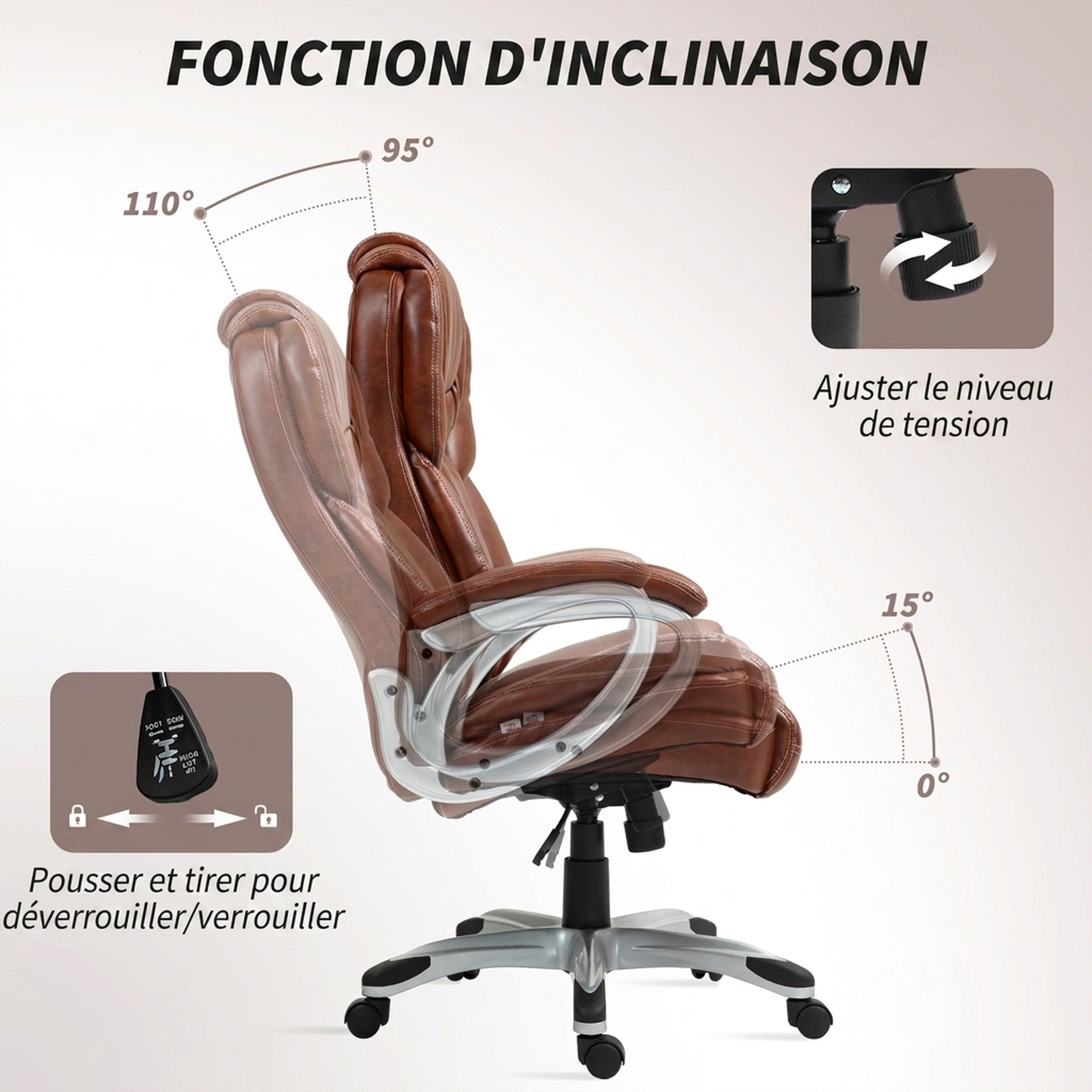 Chaise de bureau fauteuil de bureau avec fonction bascule roulettes pivotantes 360° 66 x 75,5 x 115,5-124,5 cm marron