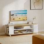 Meuble TV avec roulettes 120 cm, meuble télé pour téléviseur jusqu'à 55 pouces, 2 étagères ouvertes, blanc et naturel