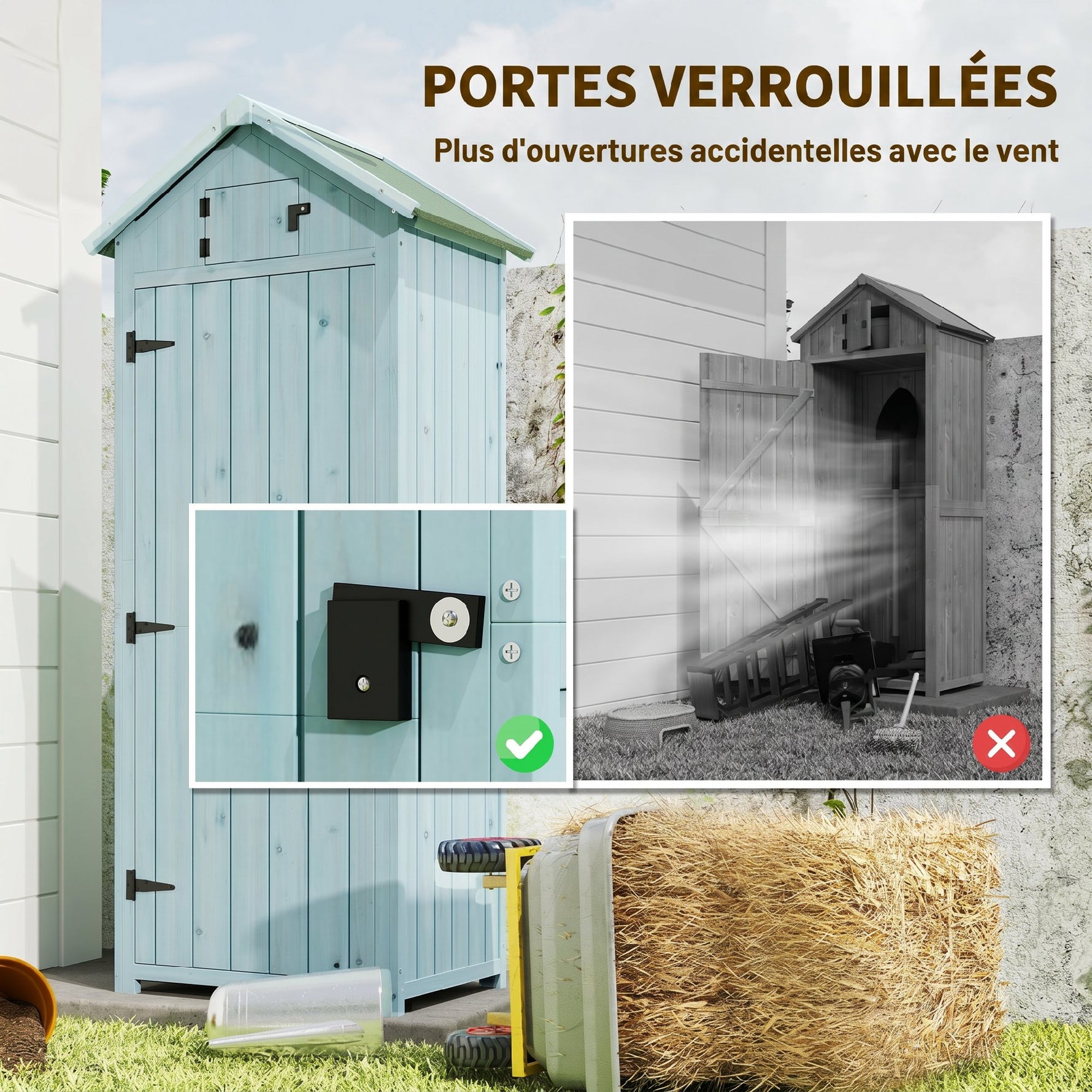 Armoire de jardin extérieur abri de jardin en bois abri pour outils 3 étagères 2 Portes loquets Toit Pente bitumé 77L x 54l x 179H cm Sapin traité Bleu