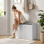 Panca scarpiera, panca contenitore, seduta imbottita, cassetto a ribalta, anta con motivo, 60 x 26 x 52,5 cm, bianco