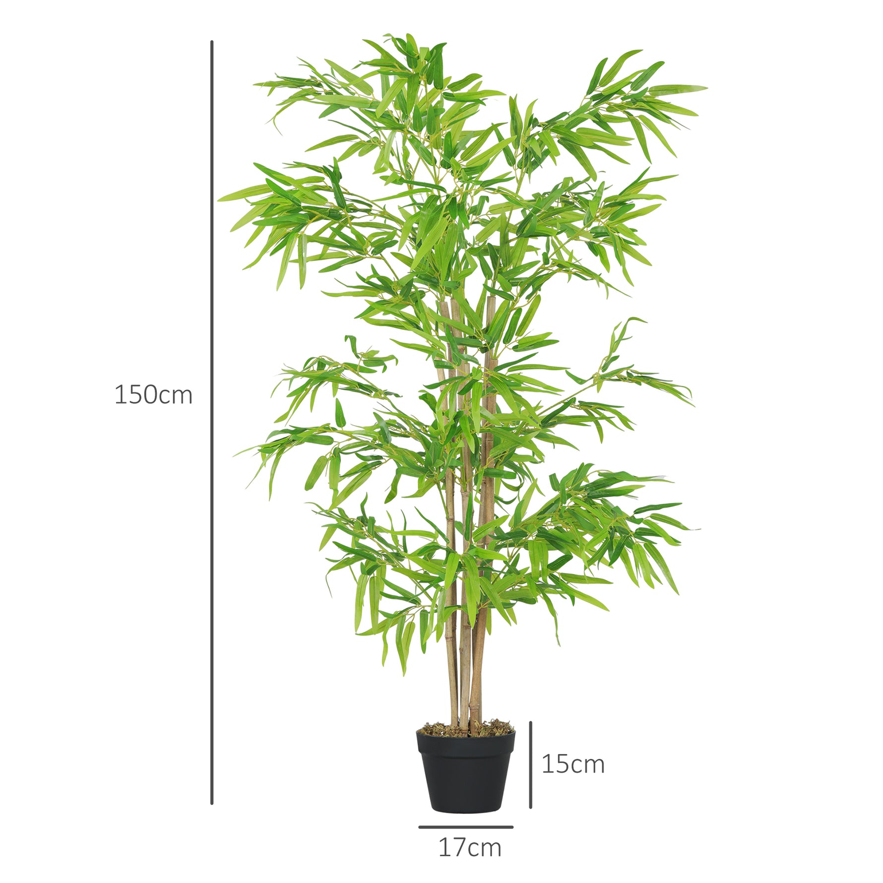 Lot de 2 bambous artificiels Hauteur 1,5 m 644 Feuilles denses réalistes Pot Inclus Noir avec Lichen Vert