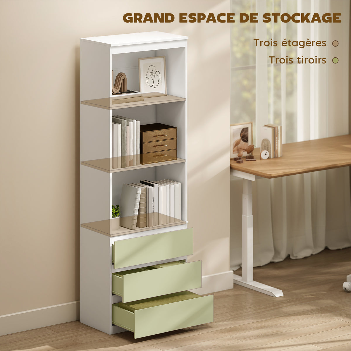 Bibliothèque haute de 180 cm avec 3 étagères et 3 tiroirs 60 x 35 x 180 cm en bois blanc