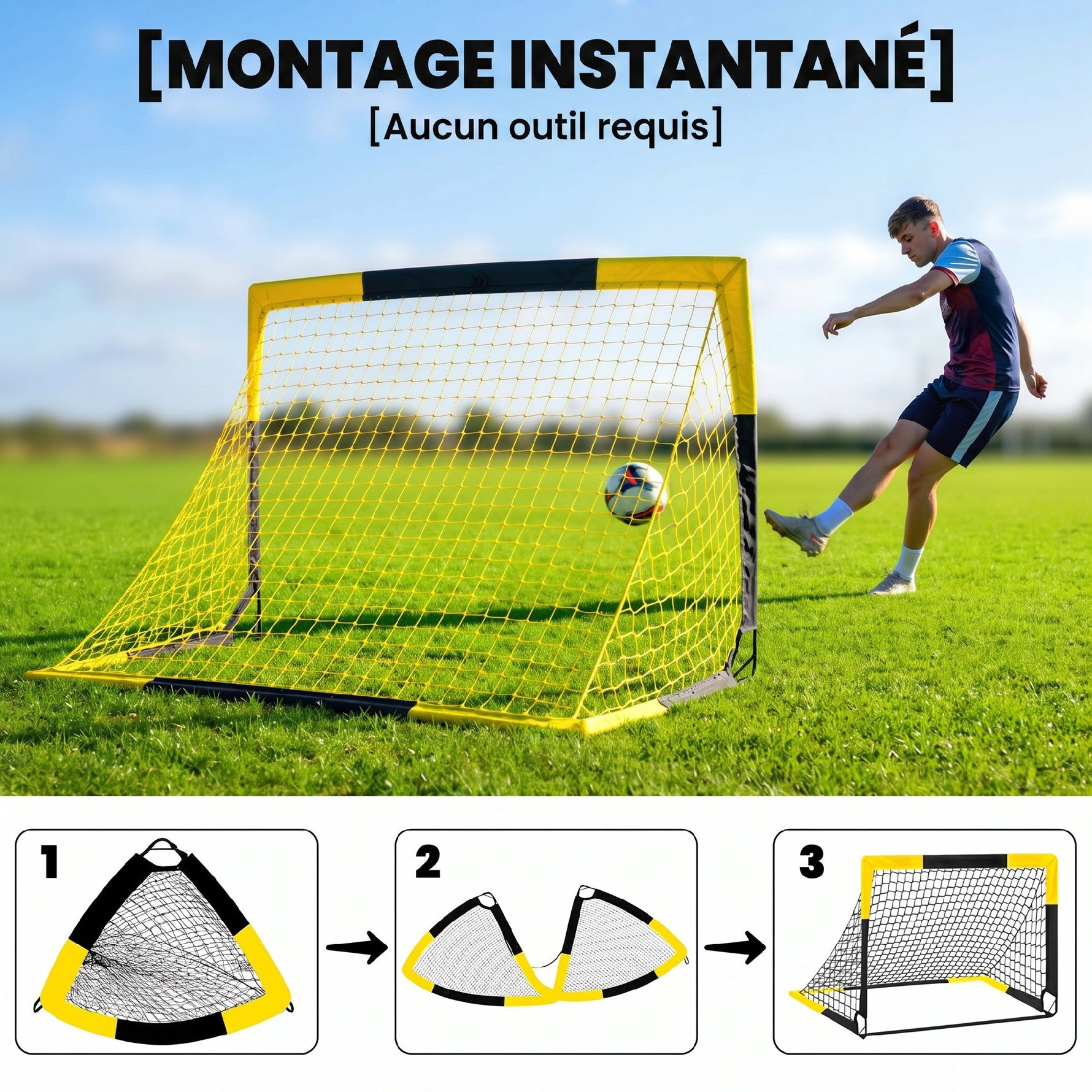 But de football Pop-up Portable et Pliable avec 4 Piquets de Sol et Sac de Transport, Sans Montage, 150x110x110cm, Jaune