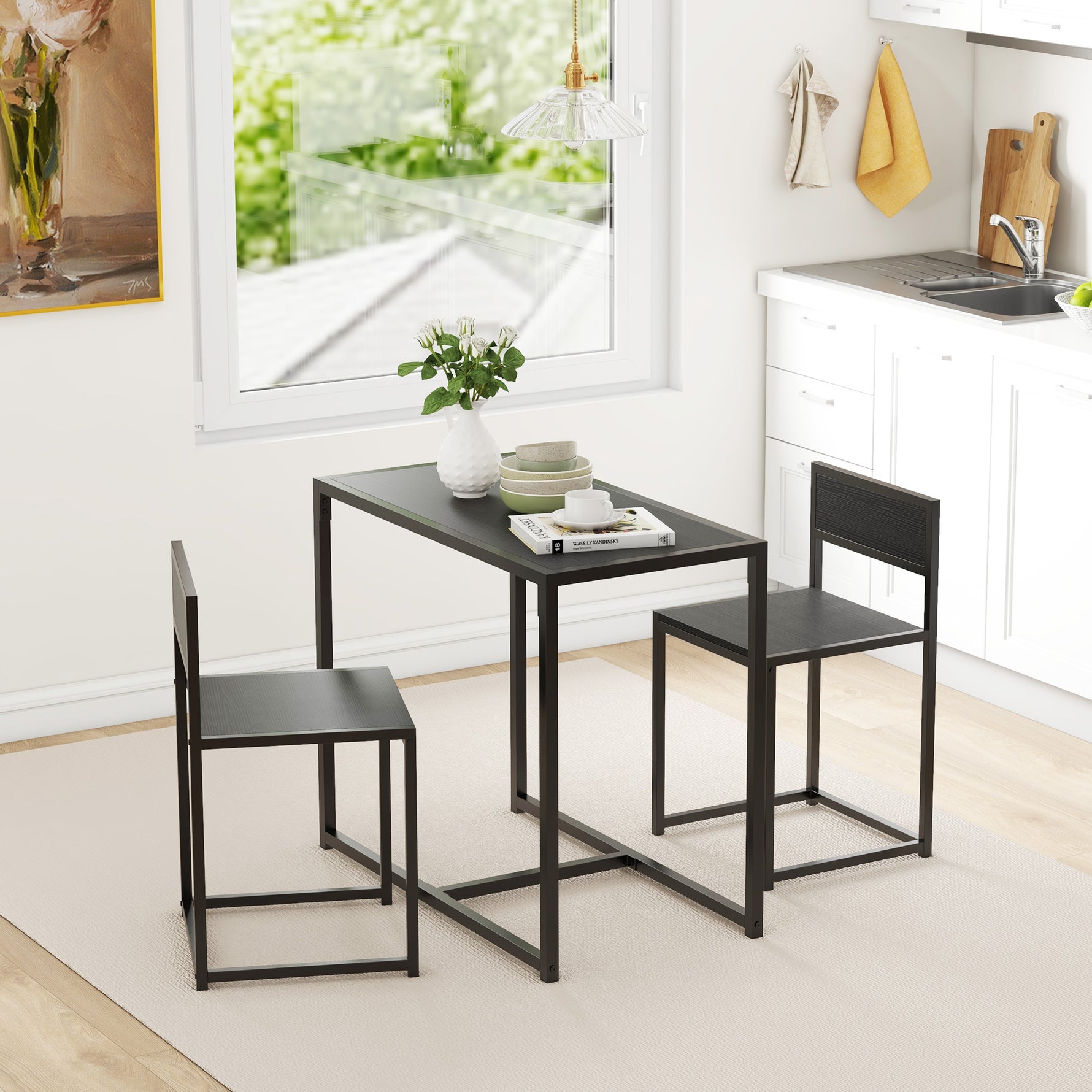 Ensemble table et chaises , table à manger 3 pièces avec 2 chaises encastrables, pour cuisine salon maison, noir
