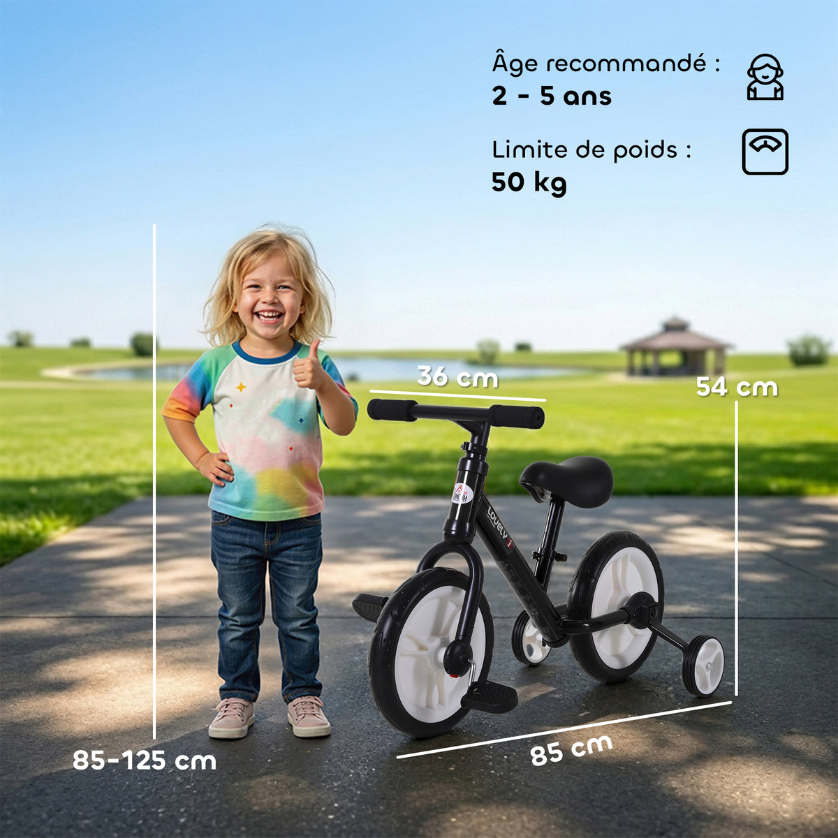 Bicicletta per bambini 2 in 1, balance bike con rotelle e pedali rimovibili, ruote da 12", altezza sella regolabile per bambini dai 2 ai 5 anni, acciaio, nero