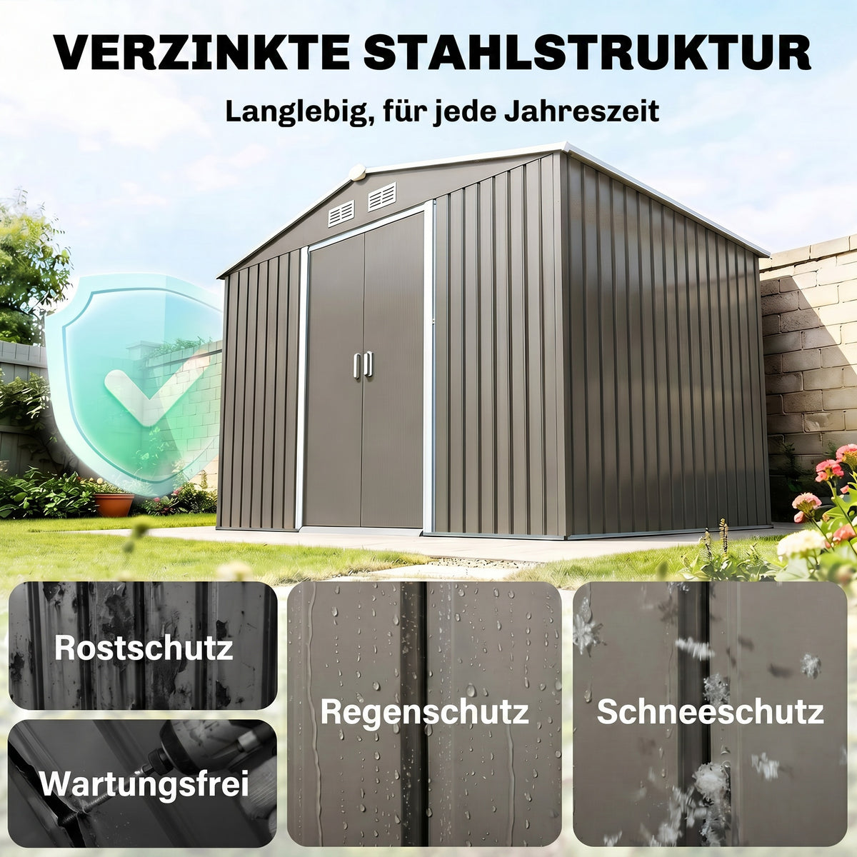 Abri de jardin 5,4 m² 2,77 x 1,95 x 1,92 m kit de fondation porte coulissante ventilations acier galvanisé, gris