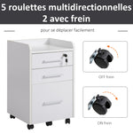 Caisson de bureau rangement bureau sur roulettes 3 tiroirs 1 verrouillable 1 trieur dossiers en bois blanc