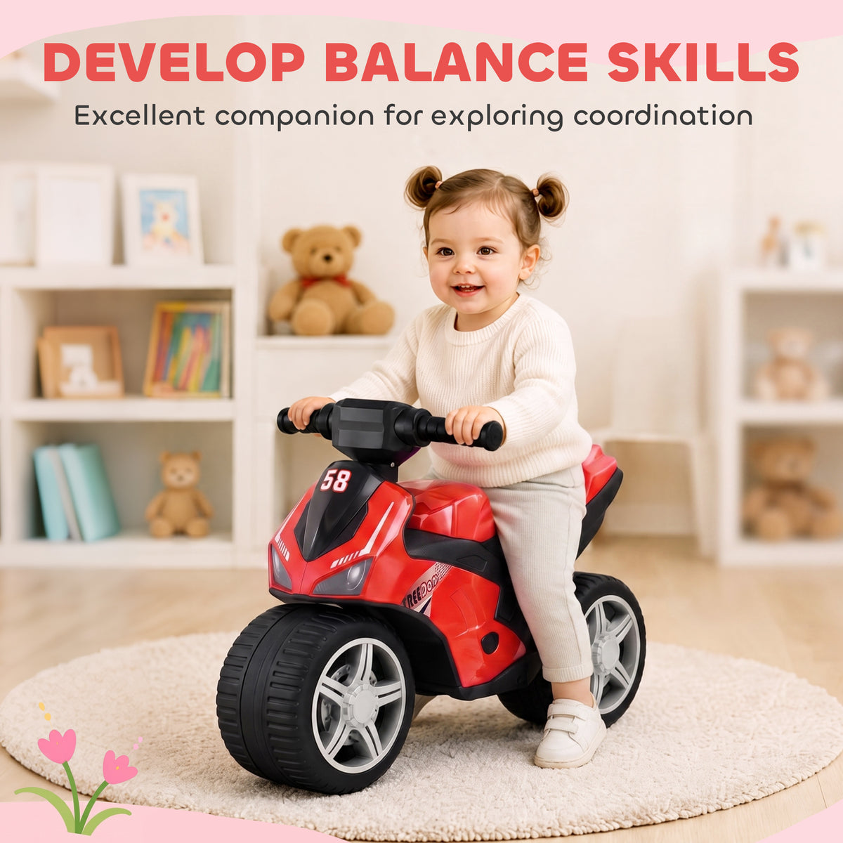 Draisienne pour Enfant, Vélo d'Équilibre avec Musique et Roues Extra-Larges, pour Filles et Garçons 18-36 Mois, Rouge