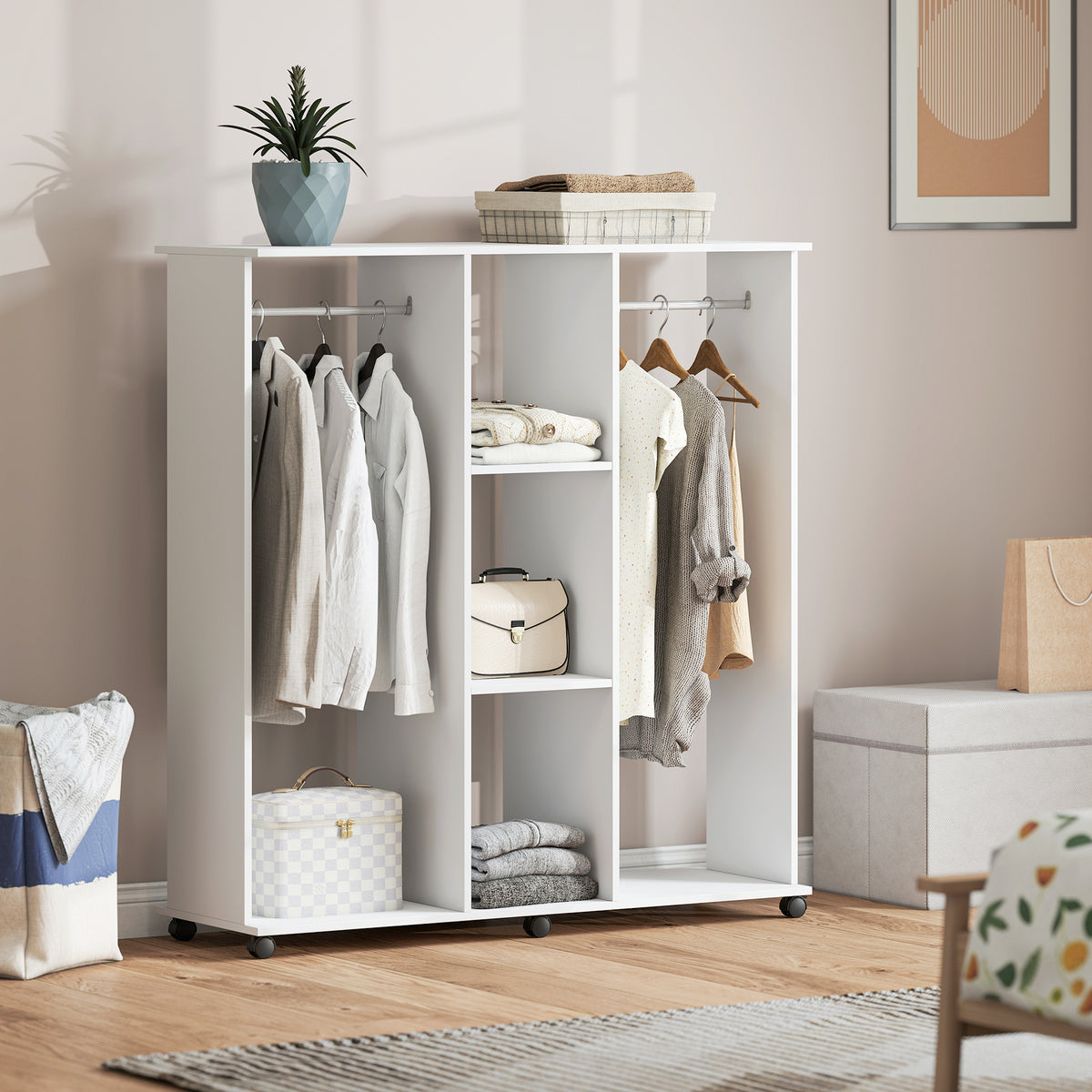 Armoire penderie meuble de rangement mobile 6 roulettes 120 x 40 x 128 cm en bois blanc