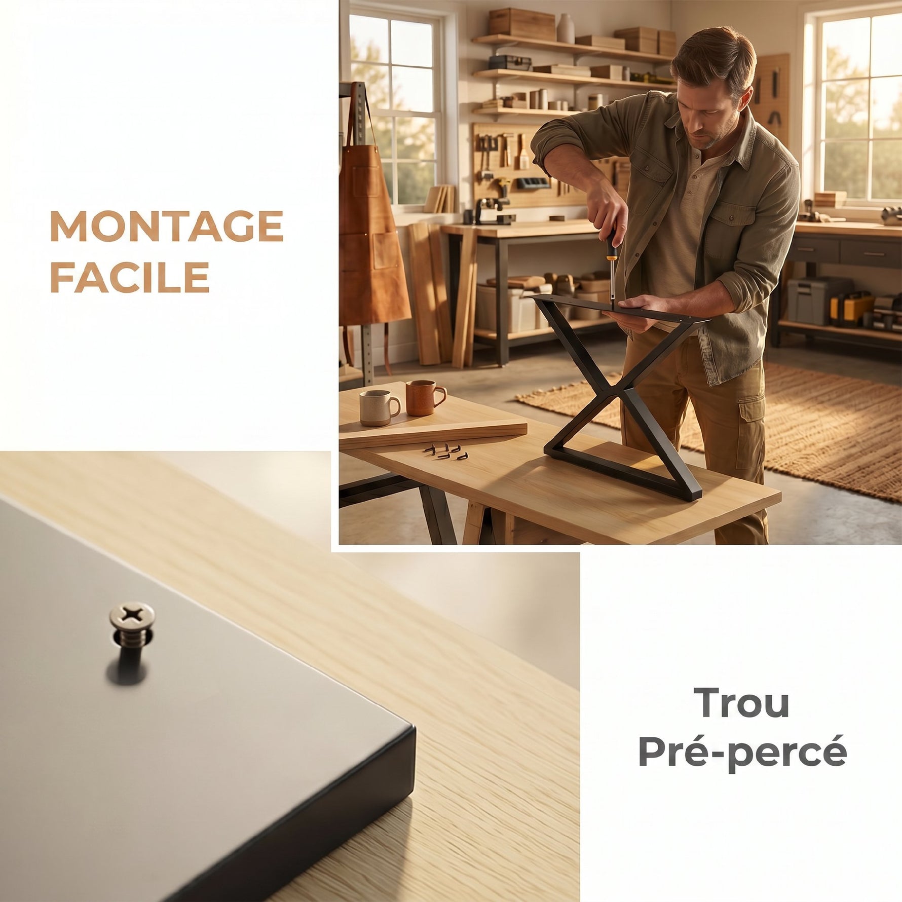 Pieds de table en acier, 60 x 43 cm, lot de 2 pieds de bureau en forme X avec patins réglables et vis, noir