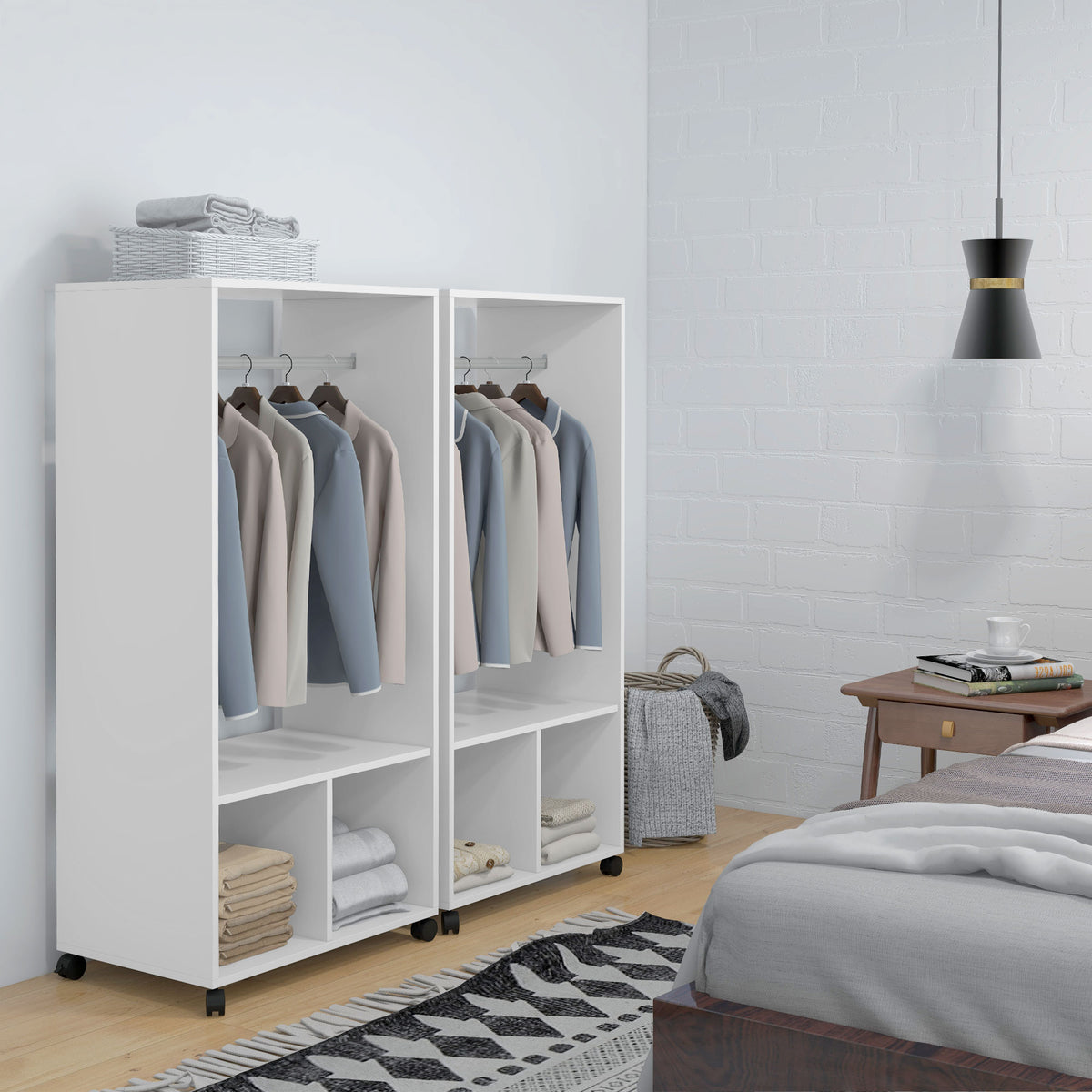 Set di 2 appendiabiti salvaspazio mobili con rotelle, 2 vani + ampio spazio appendiabiti in legno bianco
