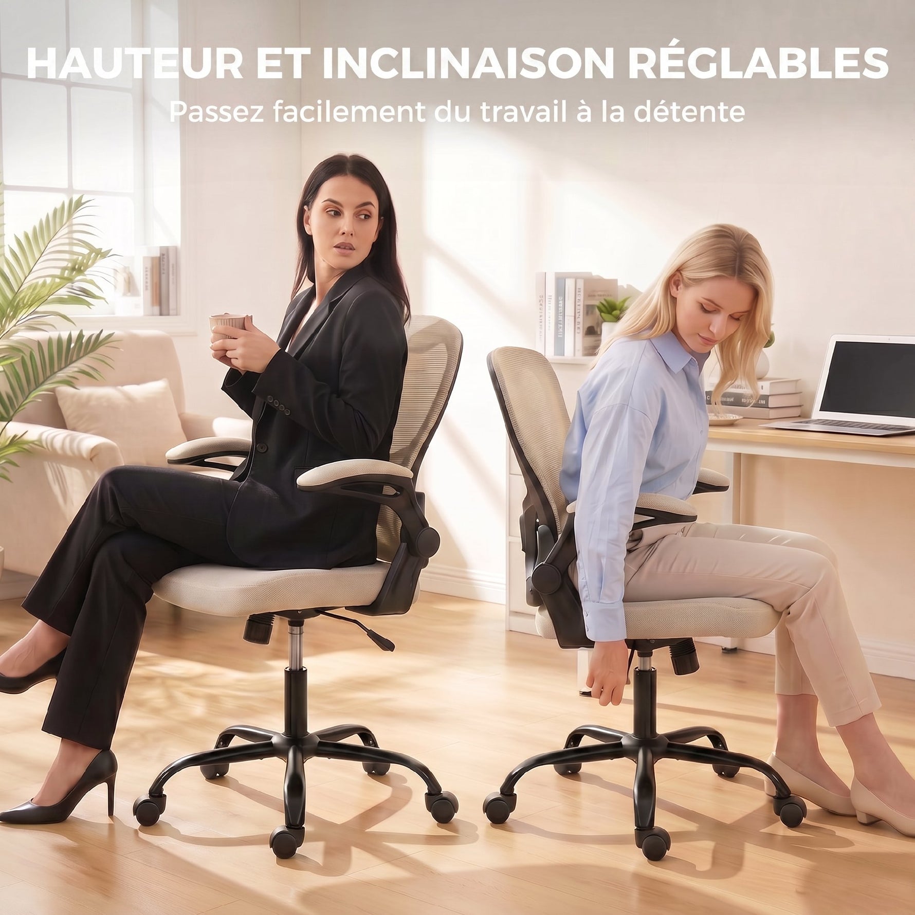 Chaise Bureau Ergonomique, Fauteuil de Bureau Maille, Accoudoirs Relevables, Hauteur Réglable, Fonction Bascule, Beige