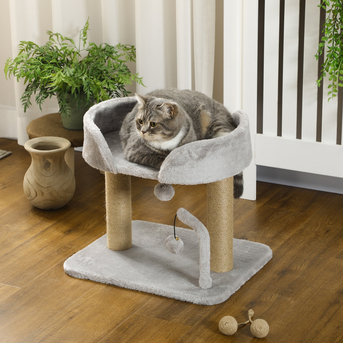 Designer cat scratching tree with 2 hanging pom-pom toys, 2 jute-covered posts, plush platform, jute, 48 x 38 x 42 cm, grey