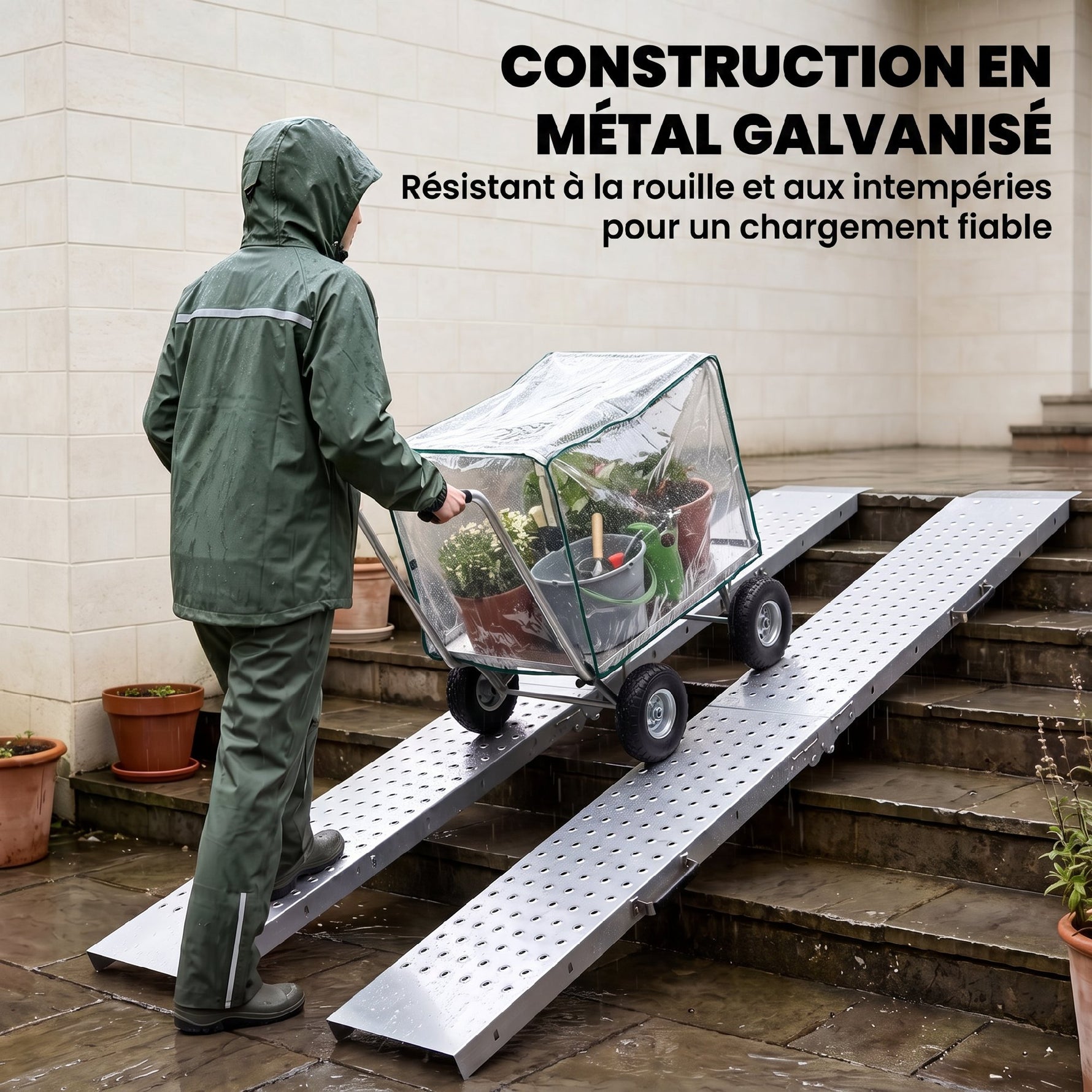 Lot de 2 Rampes de Chargement Pliantes avec Poignées et Surface Antidérapante, Charge Max. 400 kg, 180 x 25,5 cm, Argent
