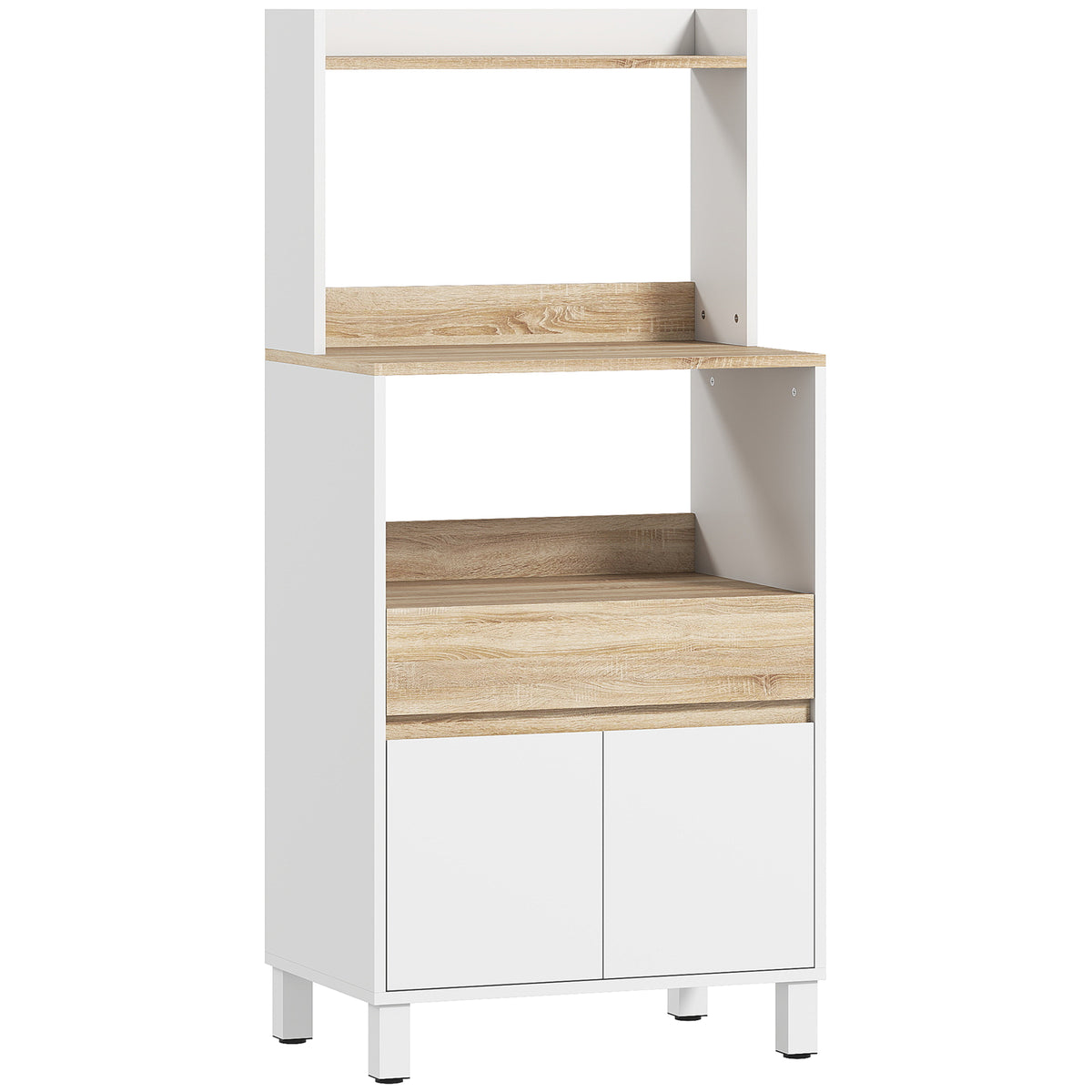 Meuble micro onde, buffet cuisine avec placard tiroir étagère supérieur, 60 x 40 x 131 cm chêne et blanc