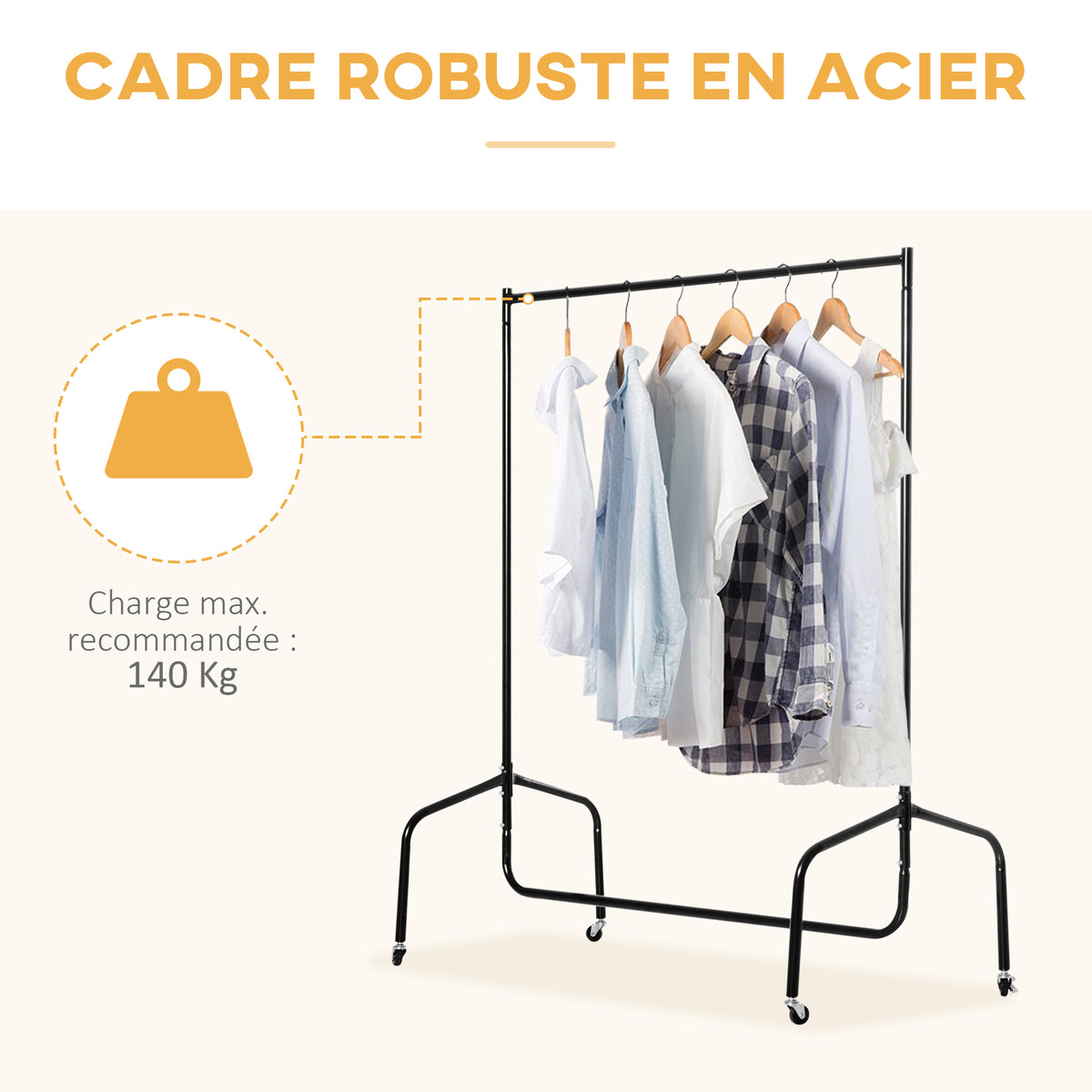 Portant à Vêtements avec Roulettes Tringle a Vêtement solide Charge 140 Kg 150 x 60 x 170 cm Porte-Manteau en acier noir