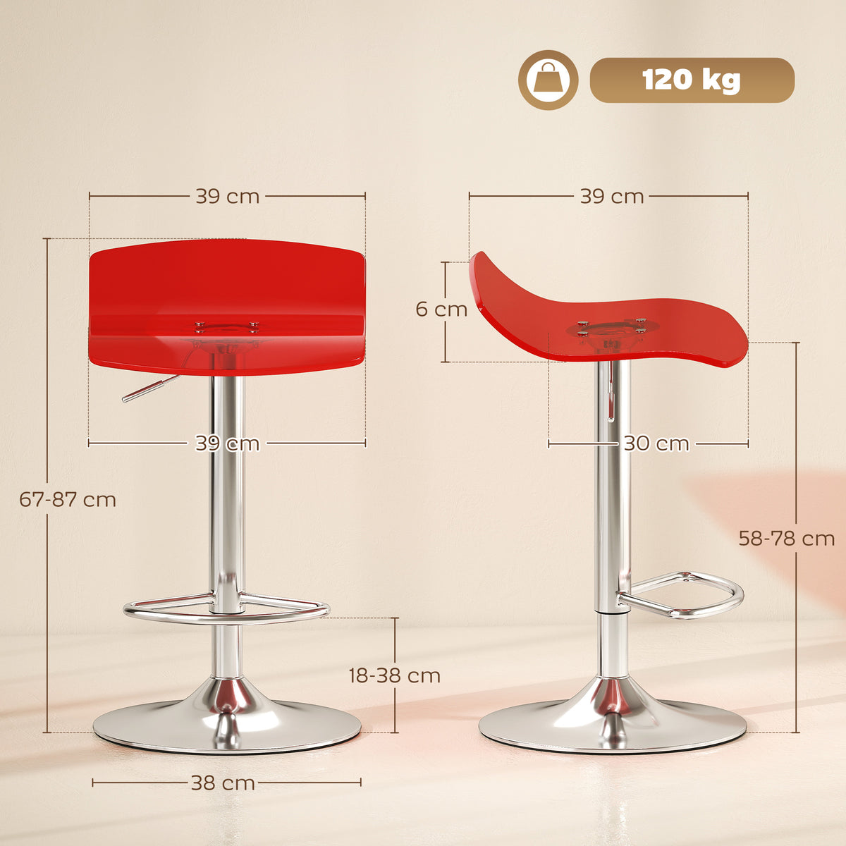 Set di 2 sgabelli da bar dal design contemporaneo, girevoli a 360°, con altezza regolabile e poggiapiedi, 39x39x67-87 cm, rossi