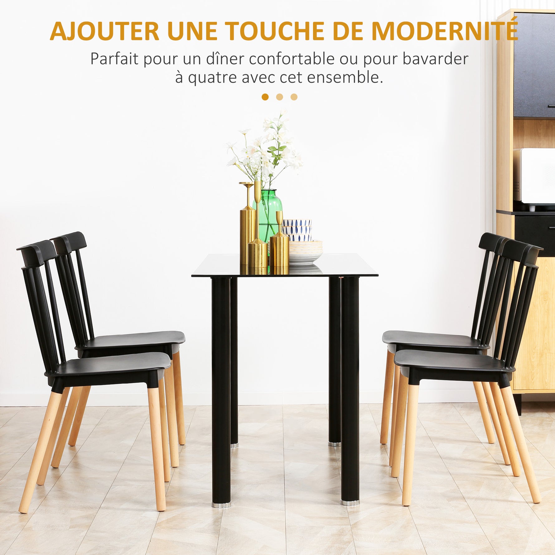 Lot de 4 chaises style scandinave dossier haut assise en polypropylène pieds en hêtre 48 x 52,5 x 83 cm noir