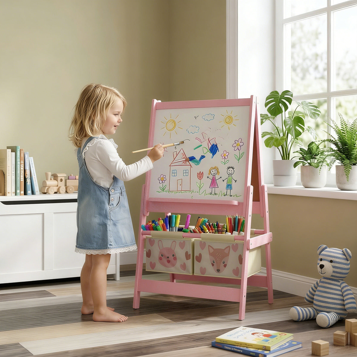 Kids' double-sided easel chalkboard with paper roll, 2 baskets, 54 x 46.5 x 93 cm, pink