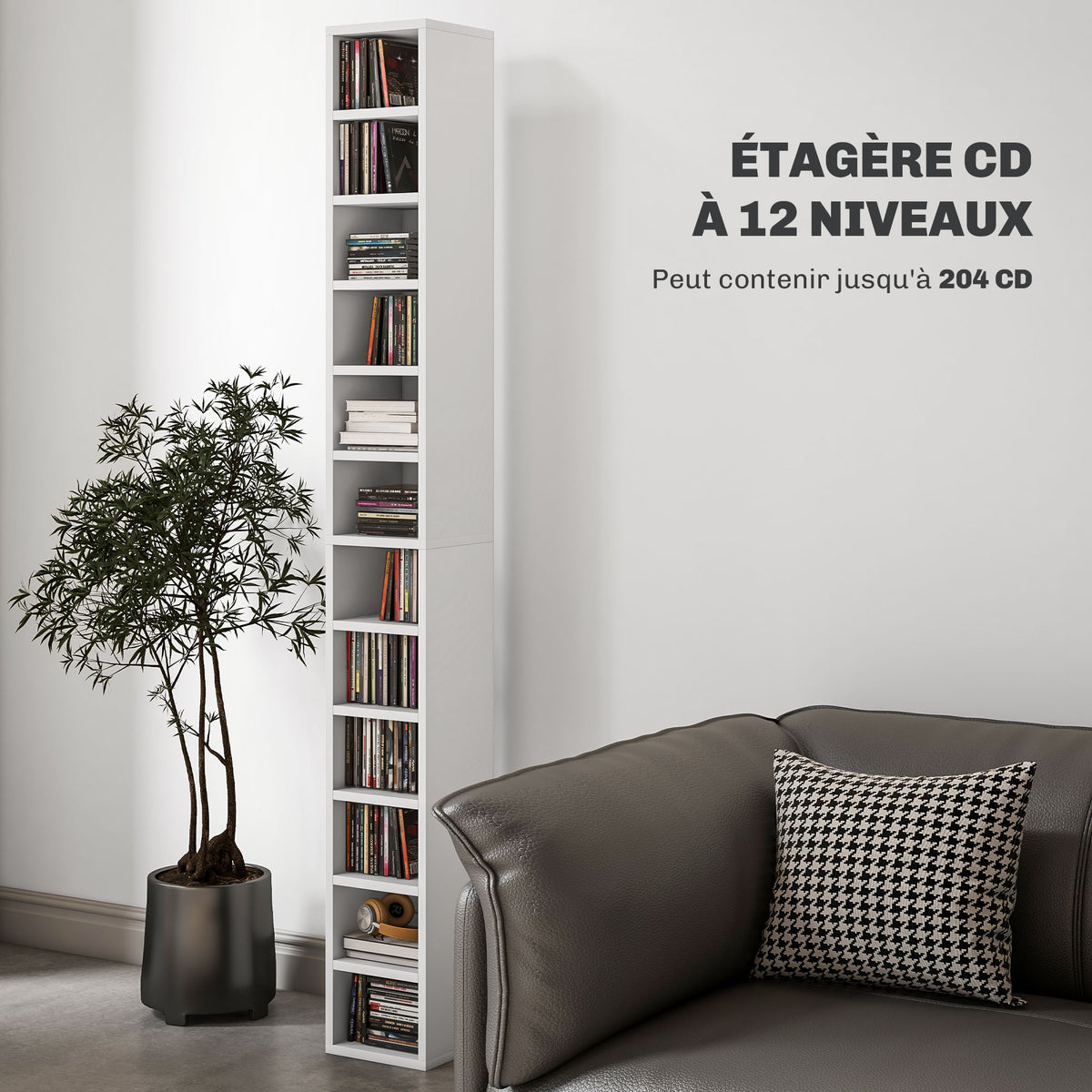 Estantería para CD y DVD con 12 compartimentos, capacidad máx. 204 CD, 21 x 20 x 175 cm, blanco