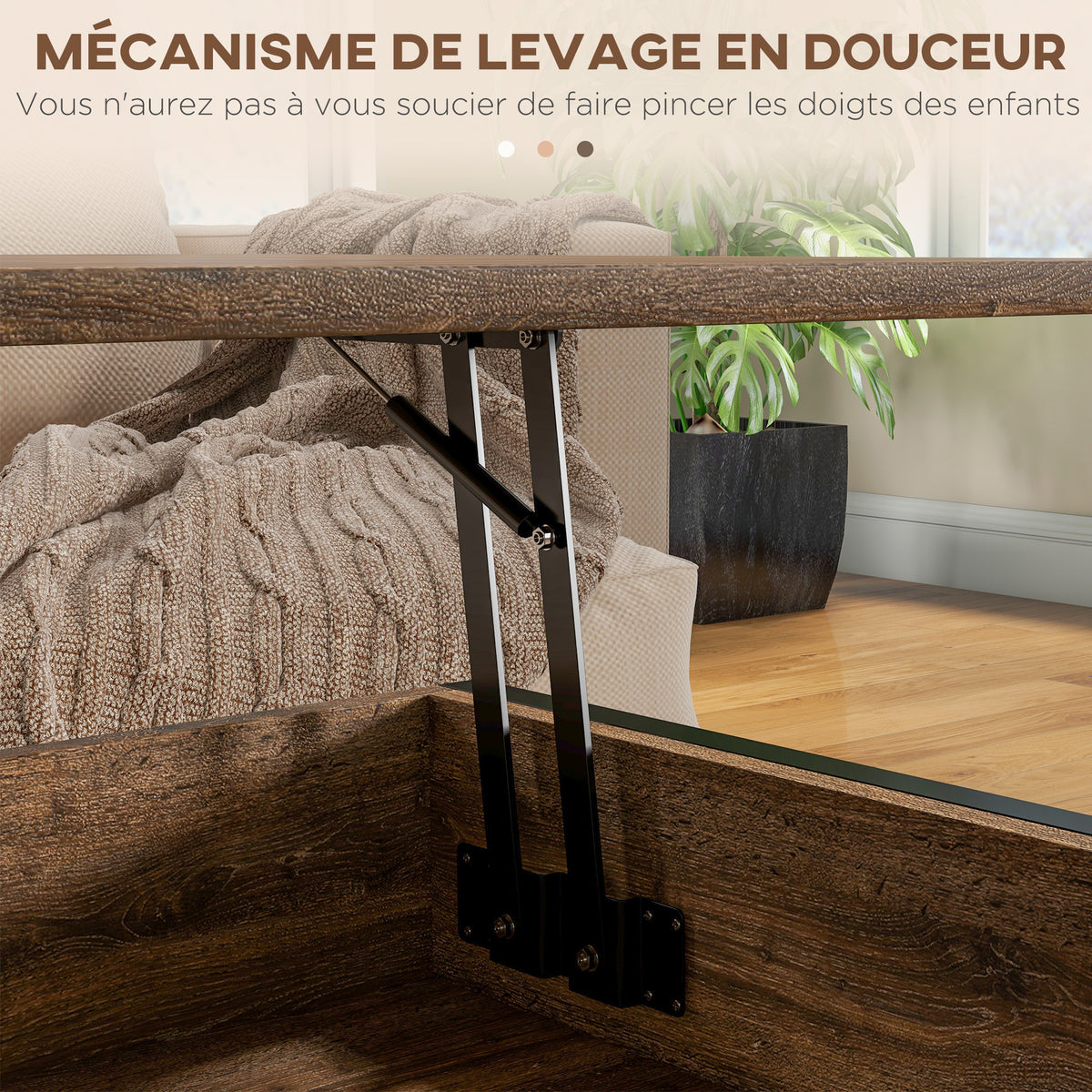Table basse relevable table de salon compartiment caché 2 étagères inférieures 100 x 80 x 60 cm marron rustique noir