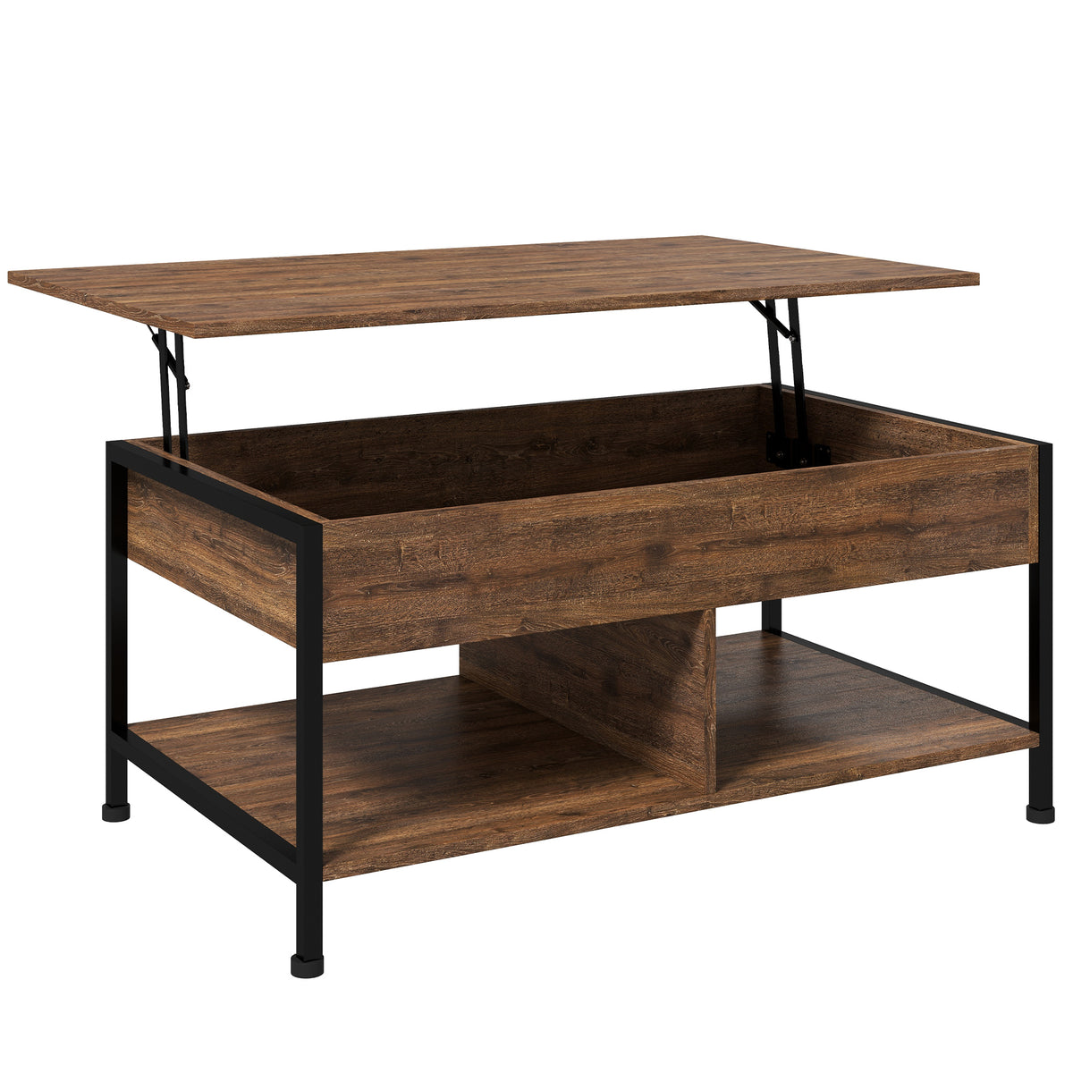 Table basse relevable table de salon compartiment caché 2 étagères inférieures 100 x 80 x 60 cm marron rustique noir