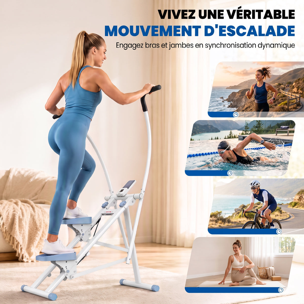 Stepper d'Escalier Pliable, Hauteur Réglable, Écran LCD, Pédales Réglables, Charge 100 kg, 85 x 80 x 142 cm, Blanc
