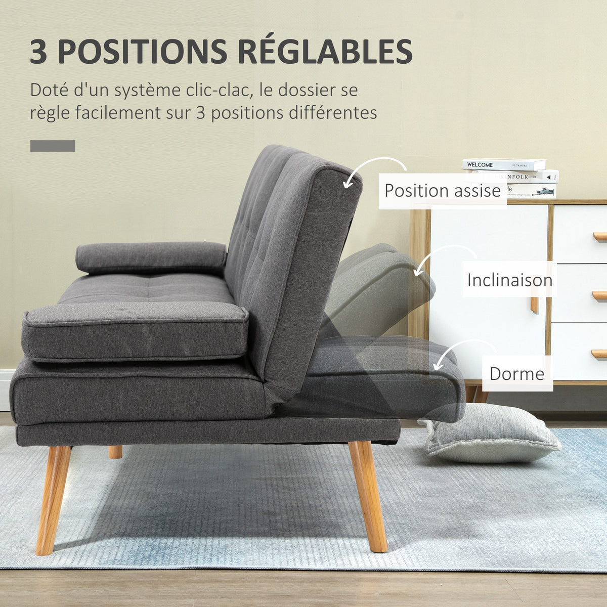 Canapé convertible 3 places, canapé-lit rembourré avec dossier réglable 3 niveaux, 2 coussins et 2 porte-gobelets intégrés, tissu de lin, pour salon, chambre d'amis, petit espace, gris foncé