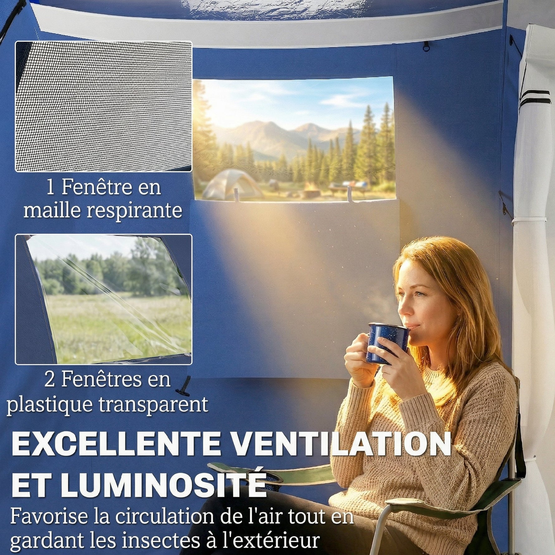 Tente de Camping Tunnel pour 4 Personnes Imperméable 3000mm Double Couche Hauteur 190cm Bleu Foncé