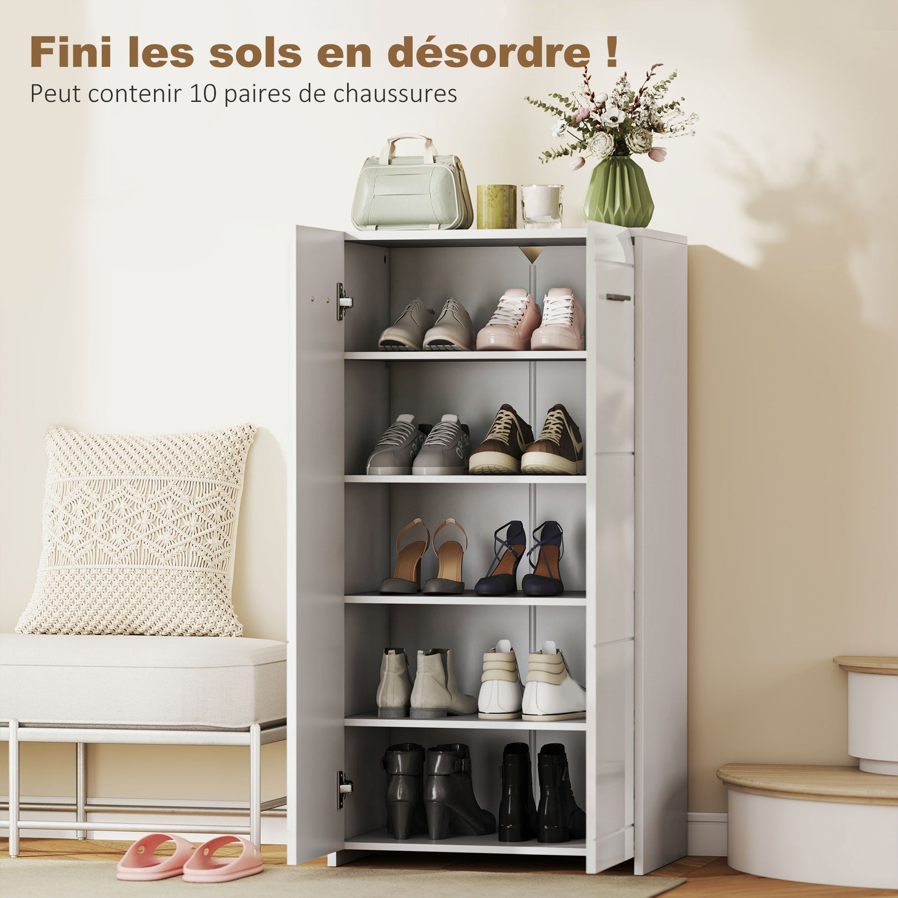 Meuble à chaussures 10 paires, armoire à chaussures à haute brillance 5 niveaux, étagères réglables, 55x36x108cm, blanc