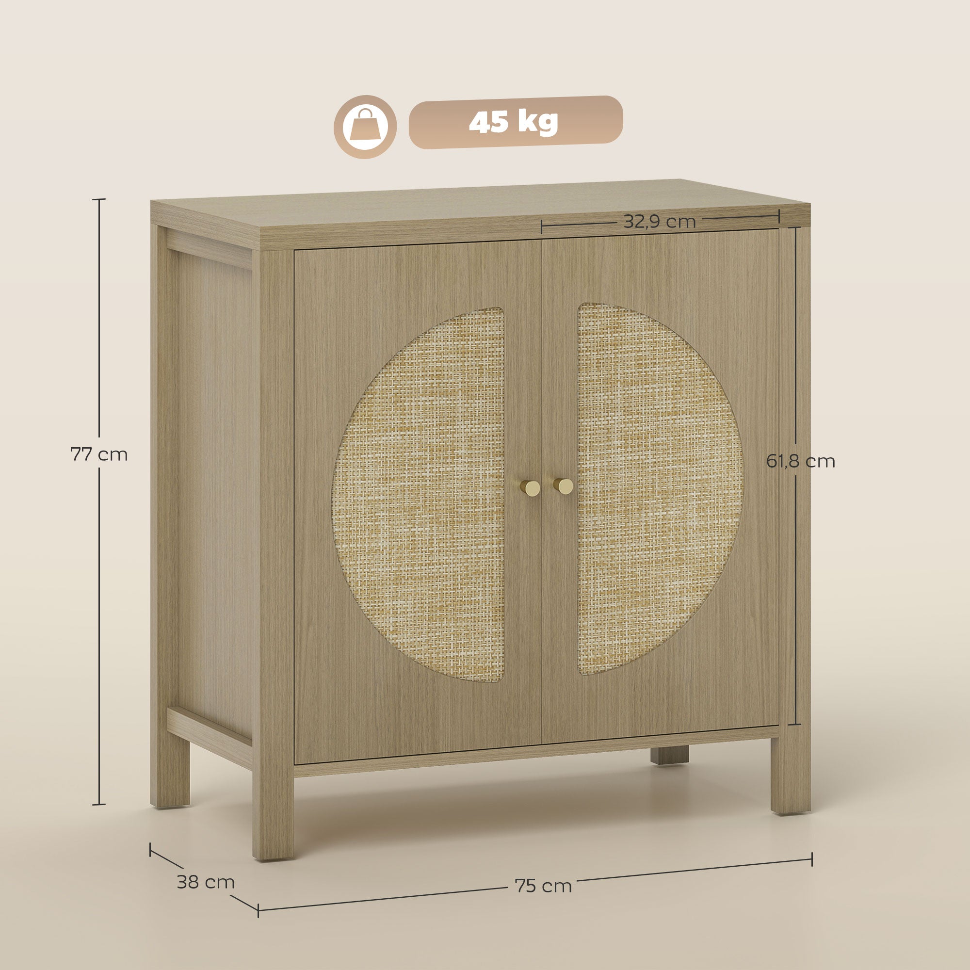Buffet cuisine, meuble de rangement avec 2 portes effet rotin et étagère réglable, 75 x 38 x 77 cm, bois naturel