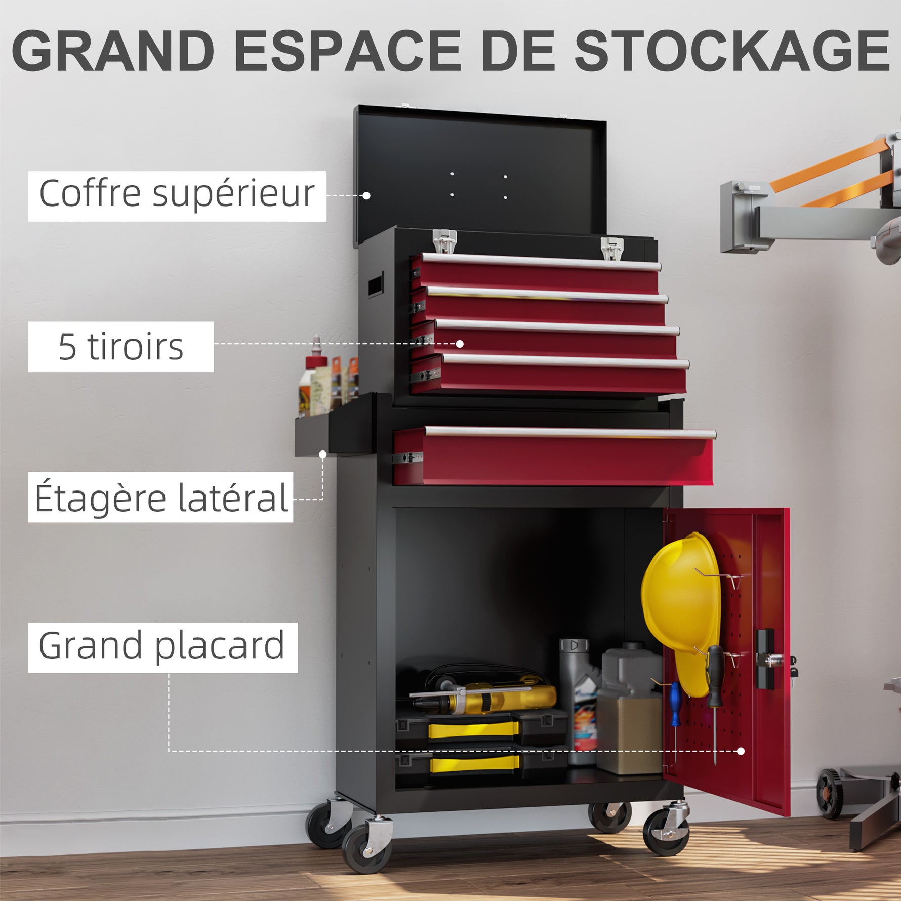 Armoire à outils verrouillable sur roulettes avec 5 tiroirs et armoire, sur roulettes pour l'atelier et la maison, rouge
