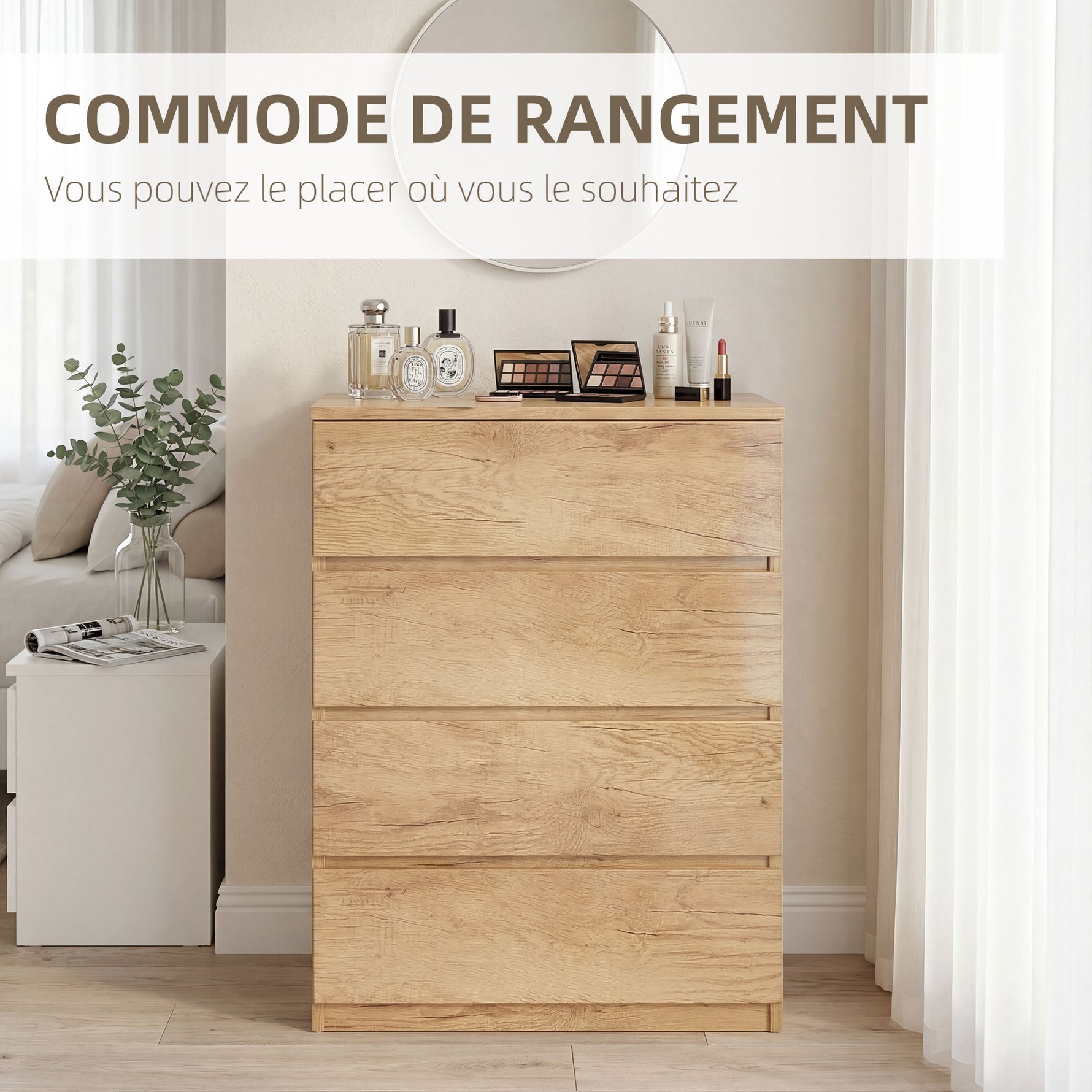Commode 4 tiroirs meuble de rangement sans poignées design minimaliste 60 x 40 x 80 cm naturel