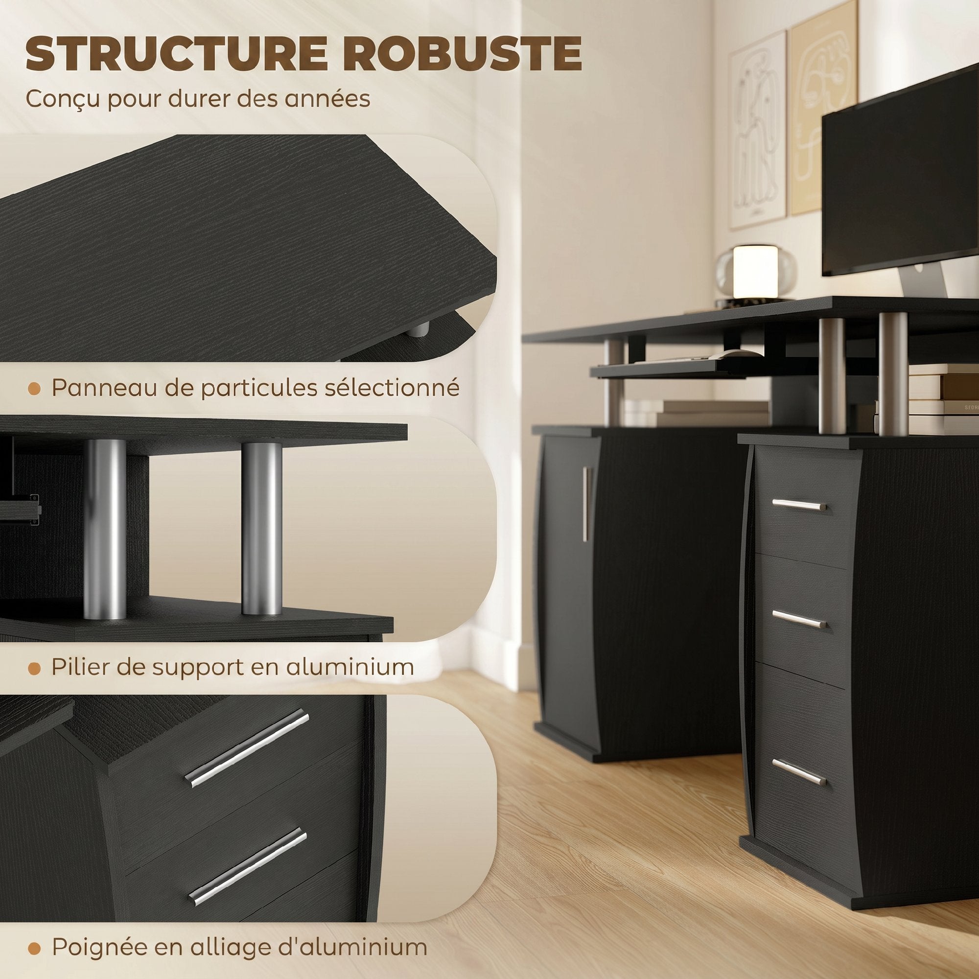 Bureau d'ordinateur, bureau informatique 120 x 55 cm avec plateau pour clavier, 3 tiroirs, pour chambre, domicile, noir