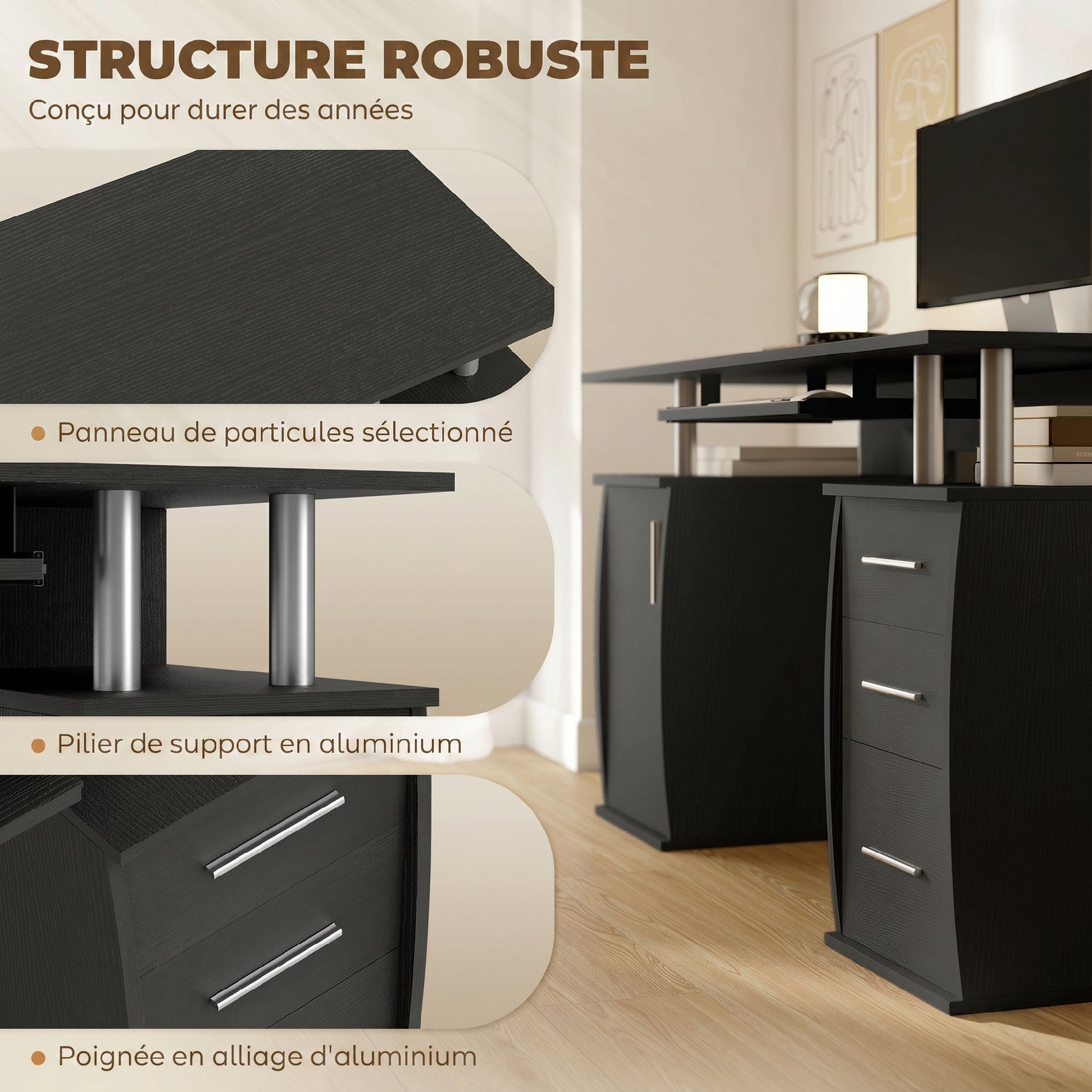 Bureau d'ordinateur, bureau informatique 120 x 55 cm avec plateau pour clavier, 3 tiroirs, pour chambre, domicile, noir