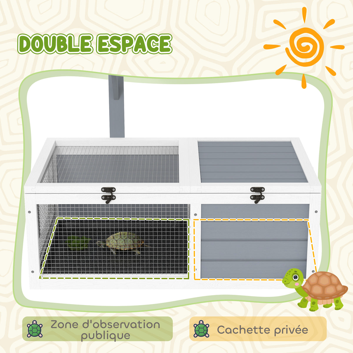 Maison enclos cage pour petit animal tortue avec 2 espaces support de lampe 81 x 48 x 31,5 cm gris