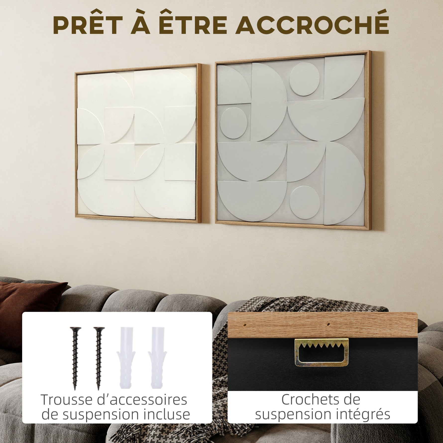 Lot de 2 tableaux abstraits 3D, décoration murale en bois géométrique, pour salon, chambre, bureau, 80 x 80 cm, blanc