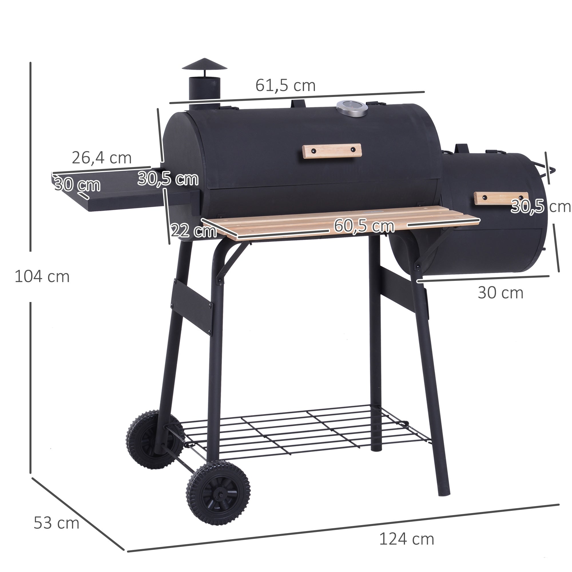 Barbecue a carbone affumicatore BBQ Grill Smoker con piedistallo, coperchio, rotelle, termometro, ripiani, nero