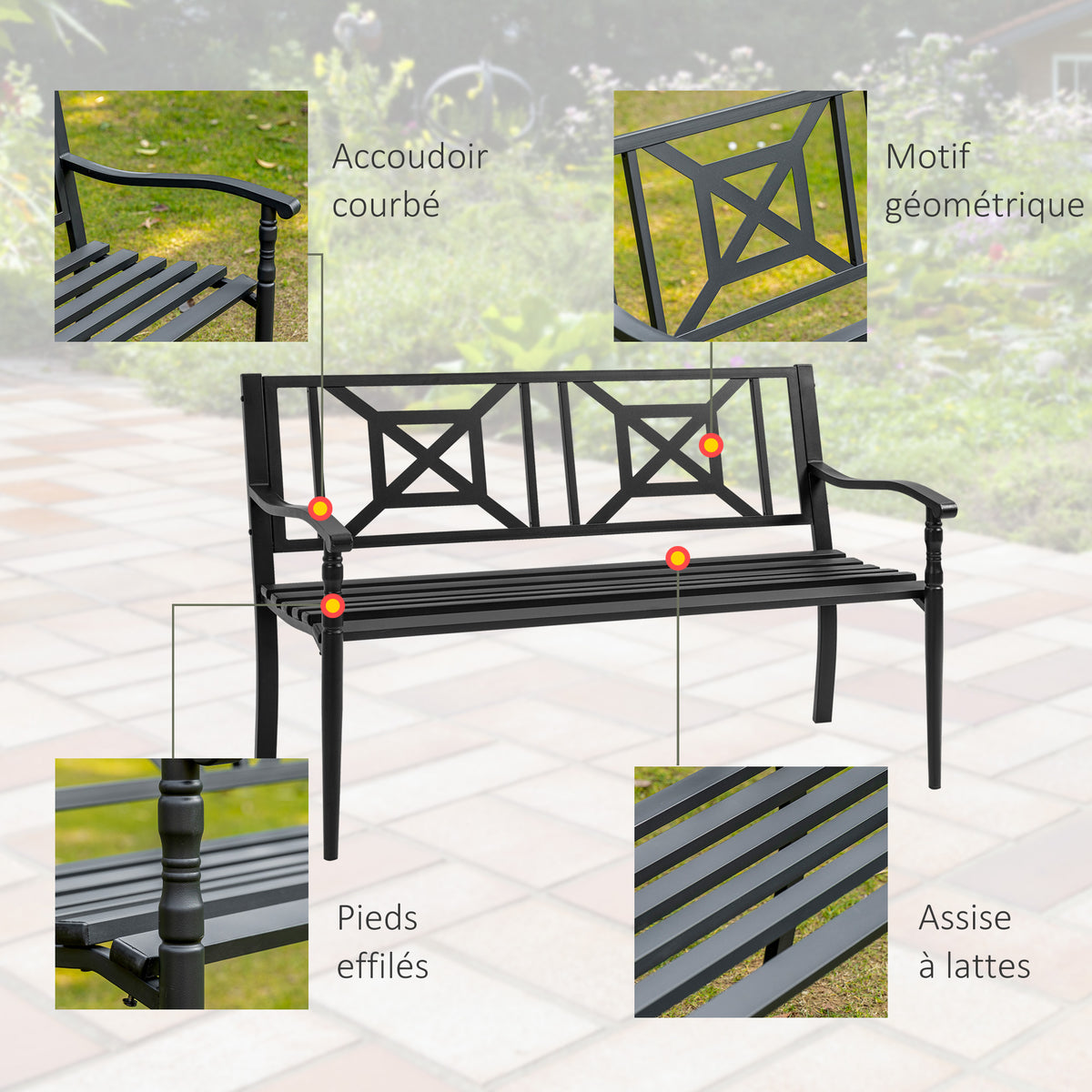 Banc de jardin 2 places banquette extérieur terrasse patio dossier haut assise à lattes accoudoirs
