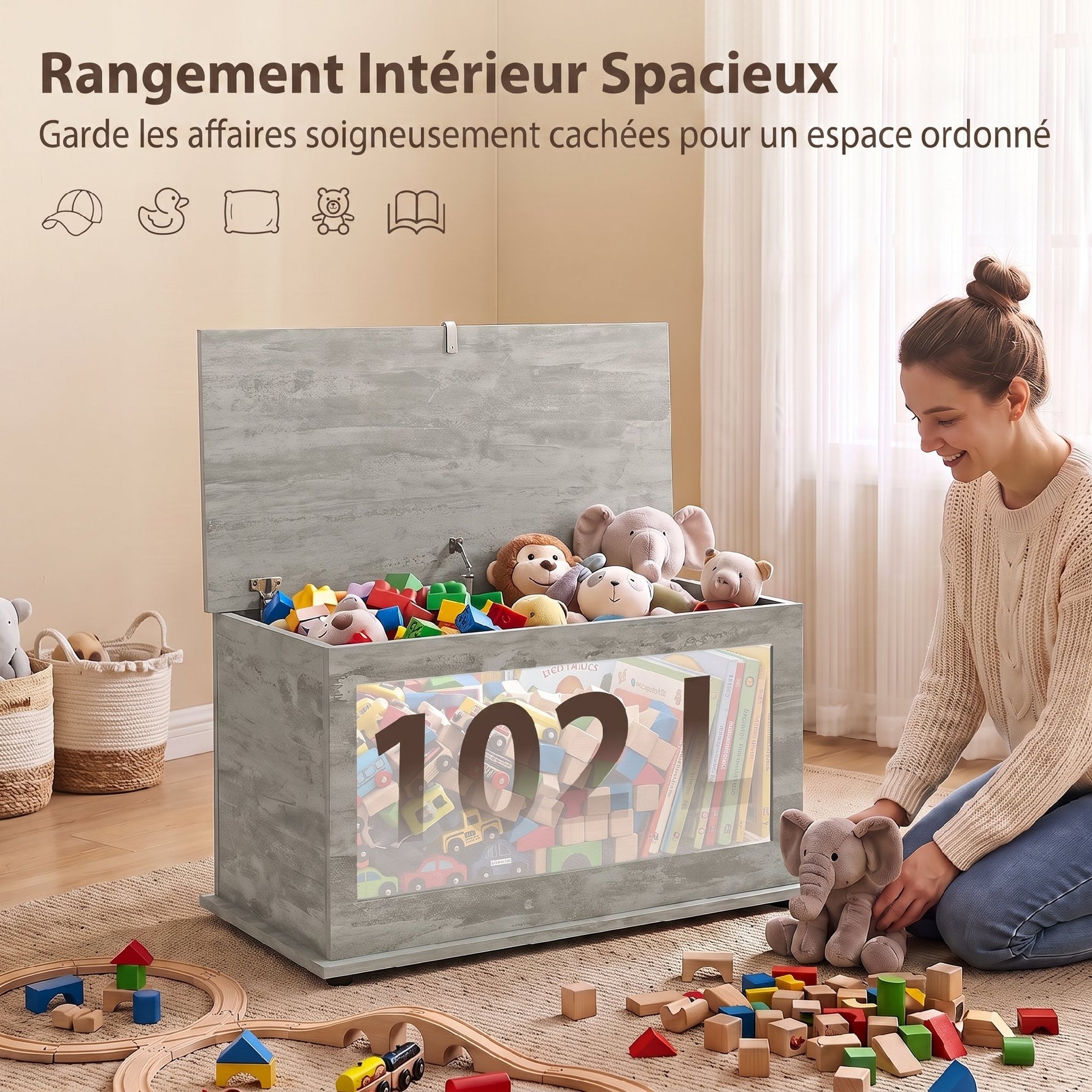 Coffre de Rangement, Banc de Rangement avec Couvercle Rabattable et Charnières de Sécurité, 80 x 40 x 45 cm, Gris